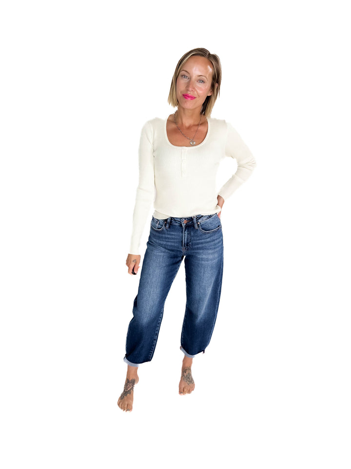 RISEN Amber High Rise Slim Barrel Jean- DARK