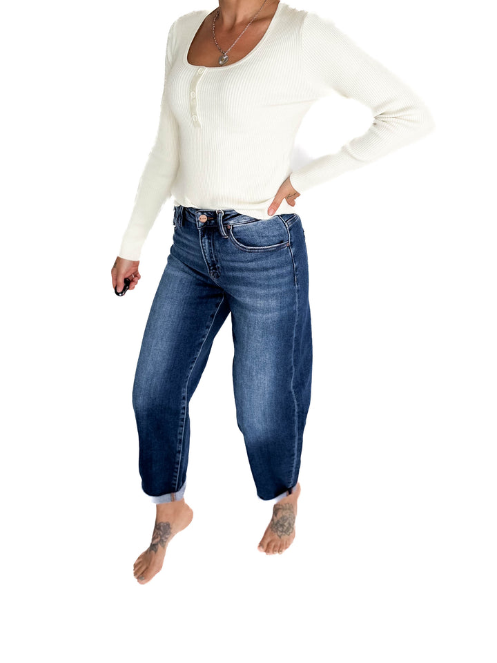 RISEN Amber High Rise Slim Barrel Jean- DARK