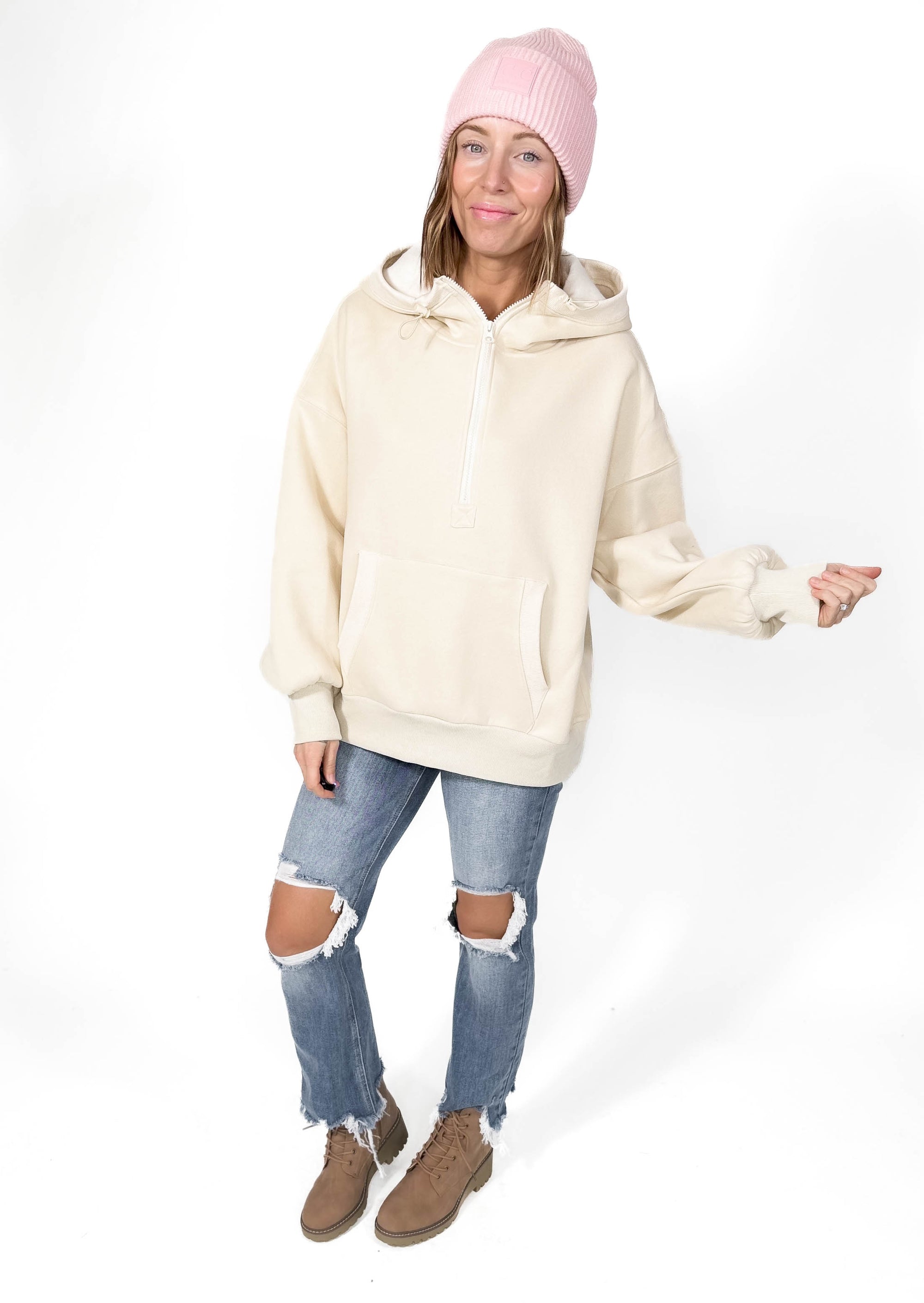 Torrin Fleece Oversized 1/2 Zip Hoodie- STONE BEIGE