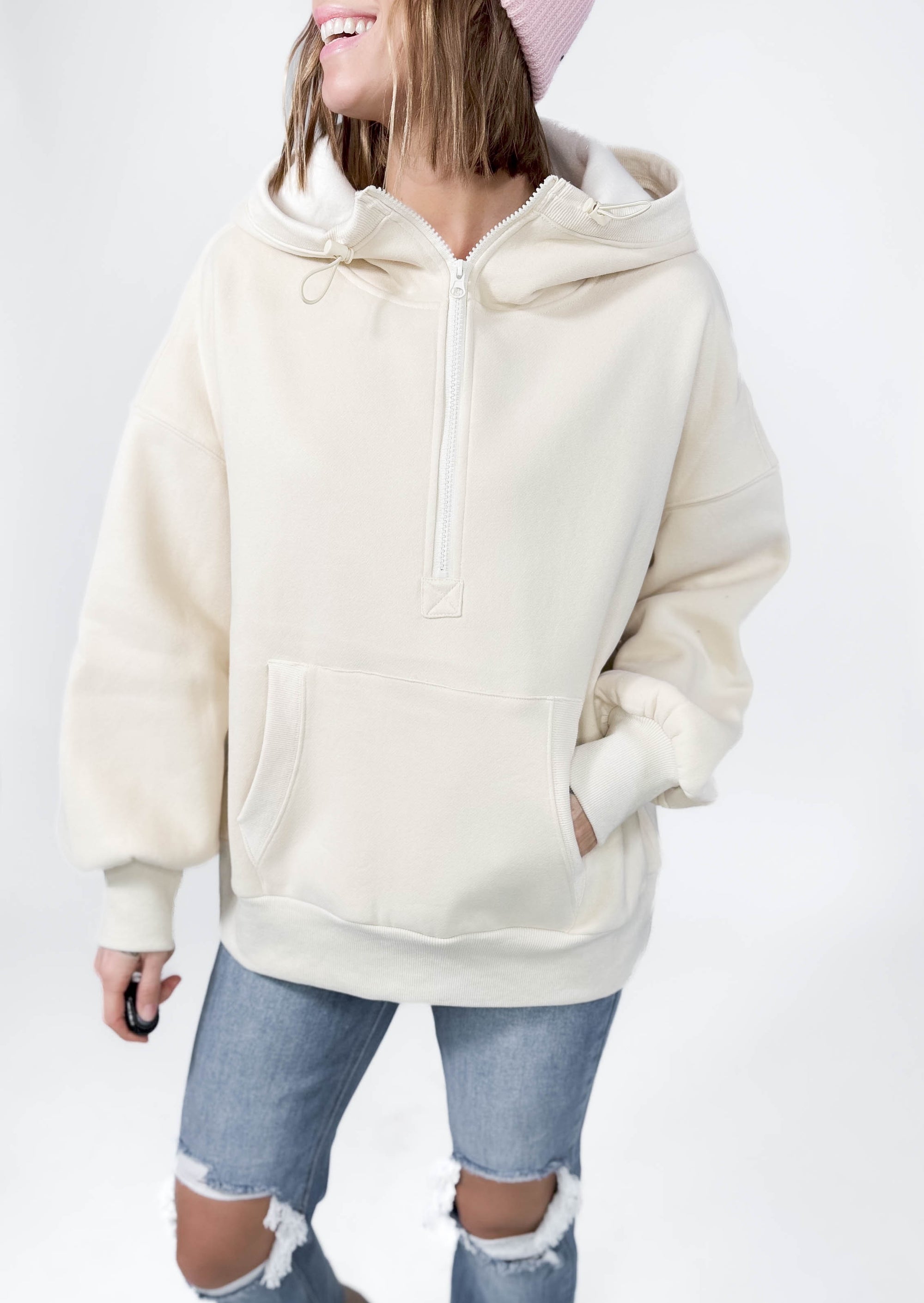 Torrin Fleece Oversized 1/2 Zip Hoodie- STONE BEIGE