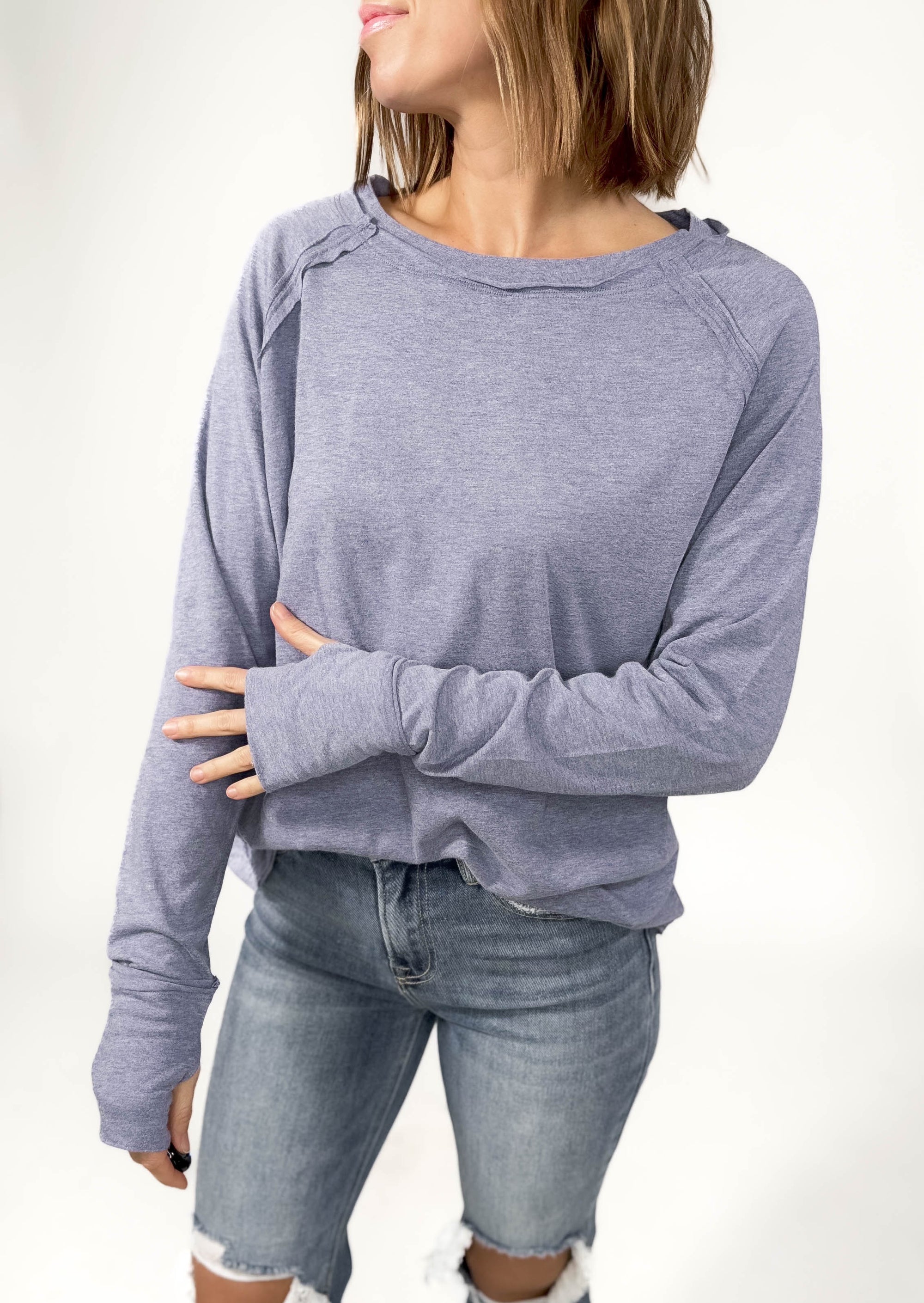 Sterling Raglan Thumbhole Long Sleeve- HTHR LIGHT NAVY