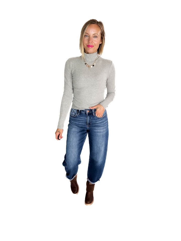 MONO B Linley Ribbed Mock Neck- HTHR GREY
