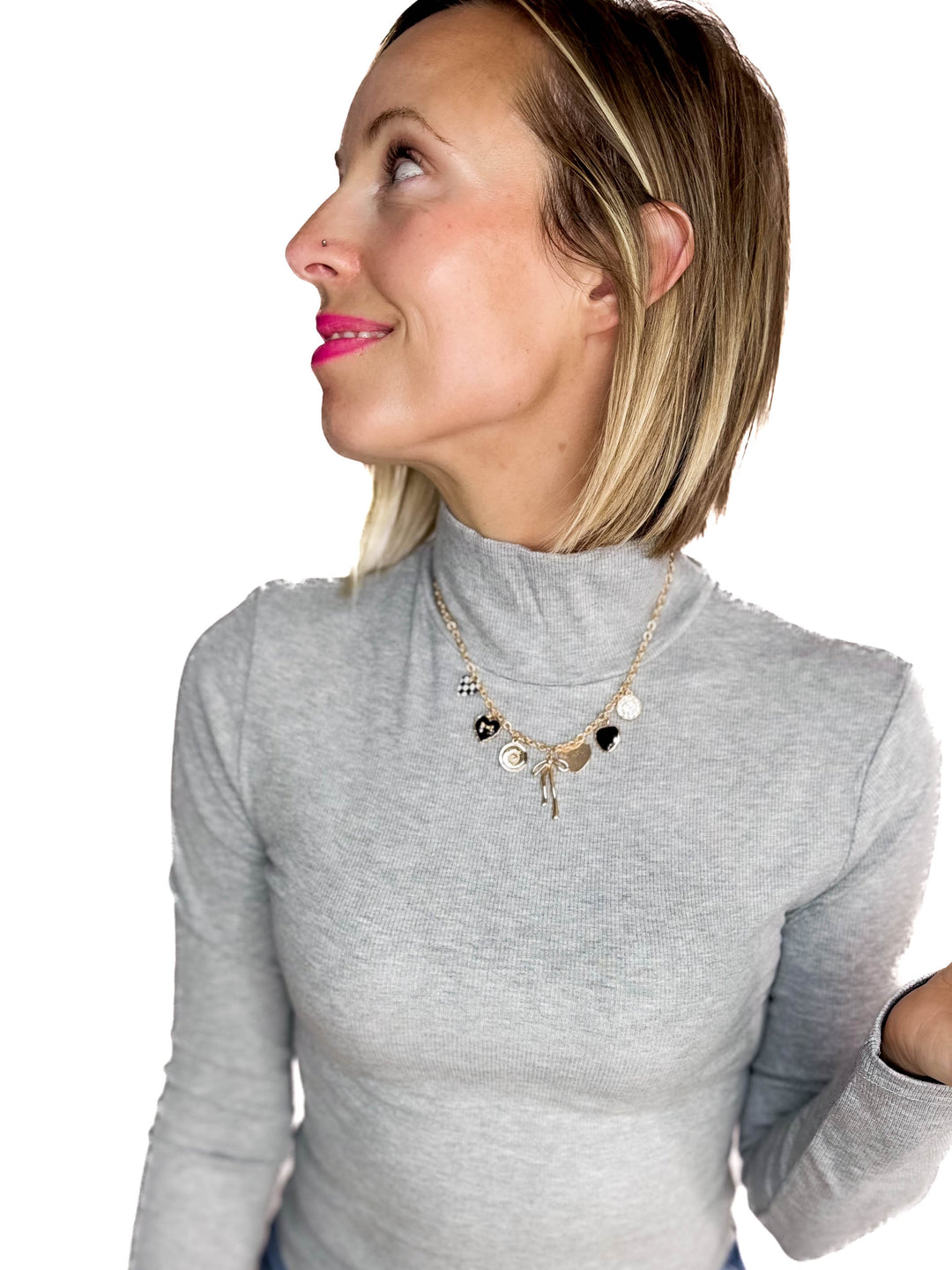 Petra Tarnish Free Charm Necklace with Bow, Checker, and Heart Rhinestone