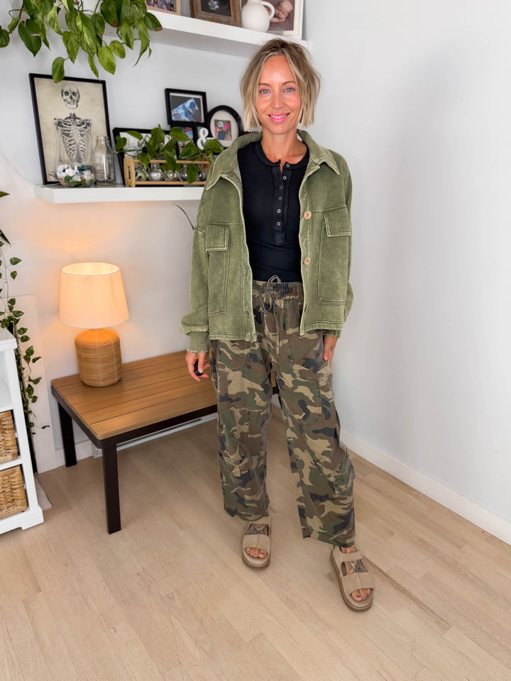 Ryanne Washed Fleece Shacket- LIGHT OLIVE