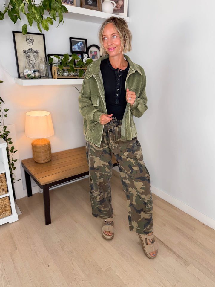 Ryanne Washed Fleece Shacket- LIGHT OLIVE