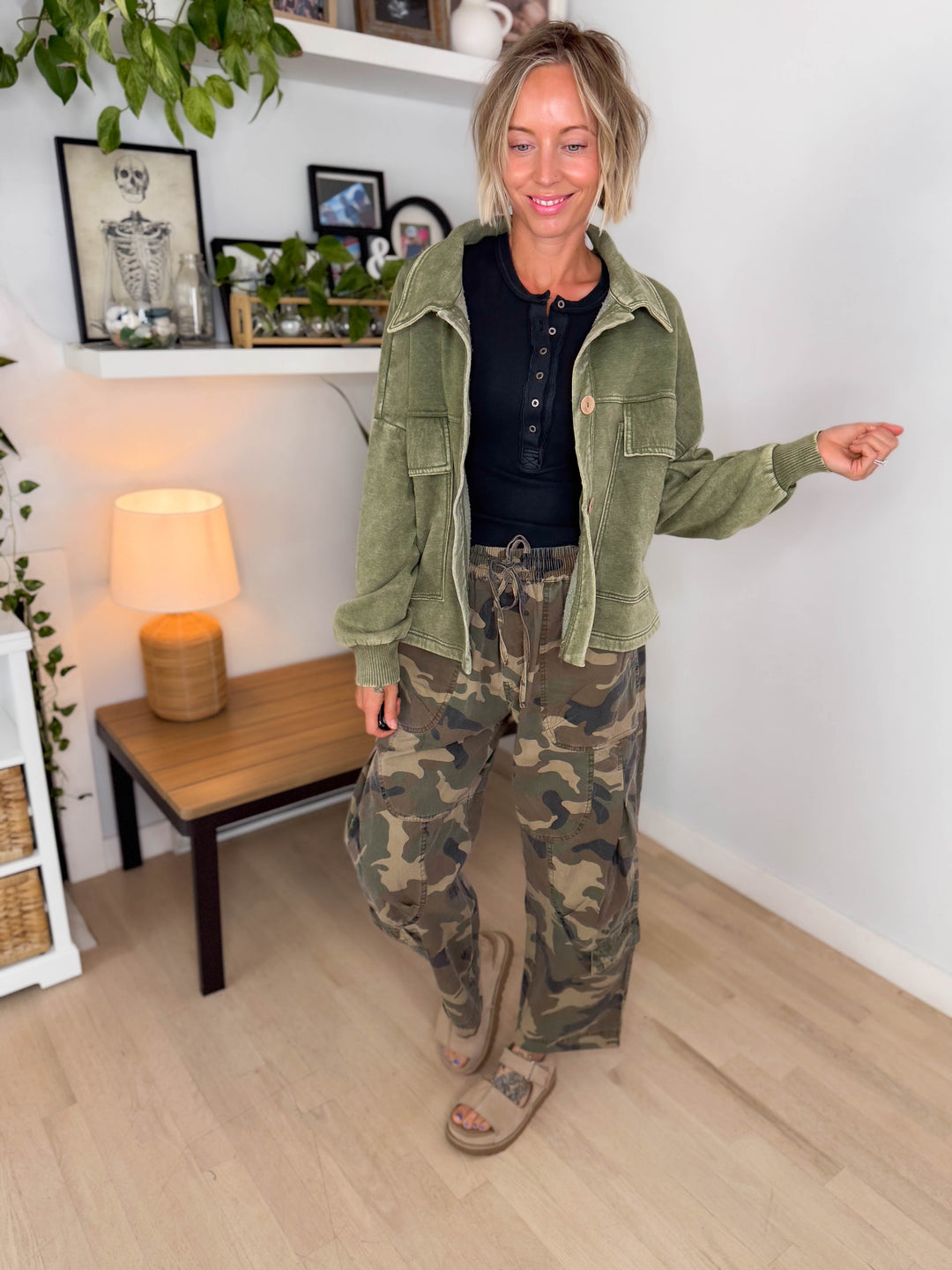 Ryanne Washed Fleece Shacket- LIGHT OLIVE