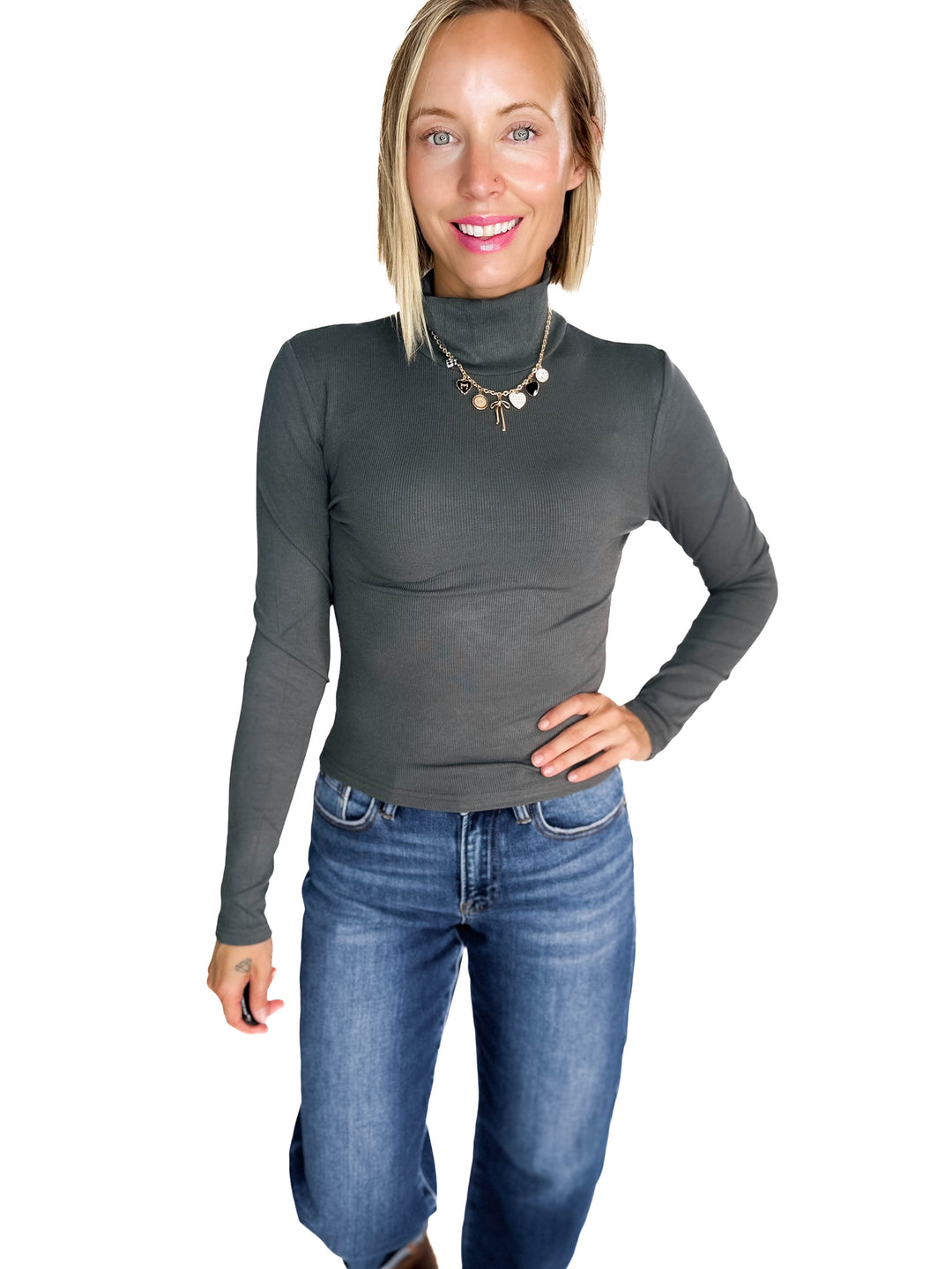 MONO B Linley Ribbed Mock Neck- URBAN GREY