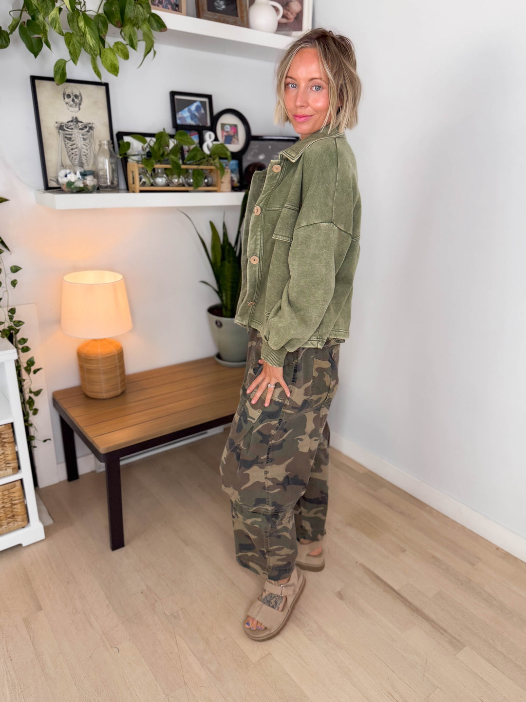 Ryanne Washed Fleece Shacket- LIGHT OLIVE