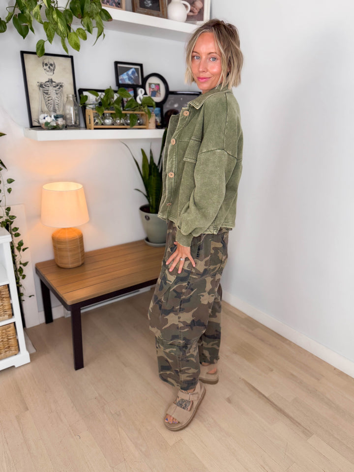 Ryanne Washed Fleece Shacket- LIGHT OLIVE