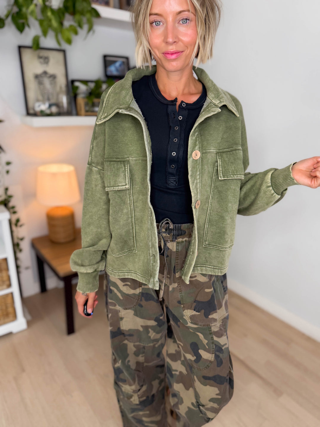 Ryanne Washed Fleece Shacket- LIGHT OLIVE