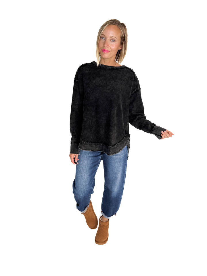 Jenna Long Sleeve Waffle Pullover- BLACK