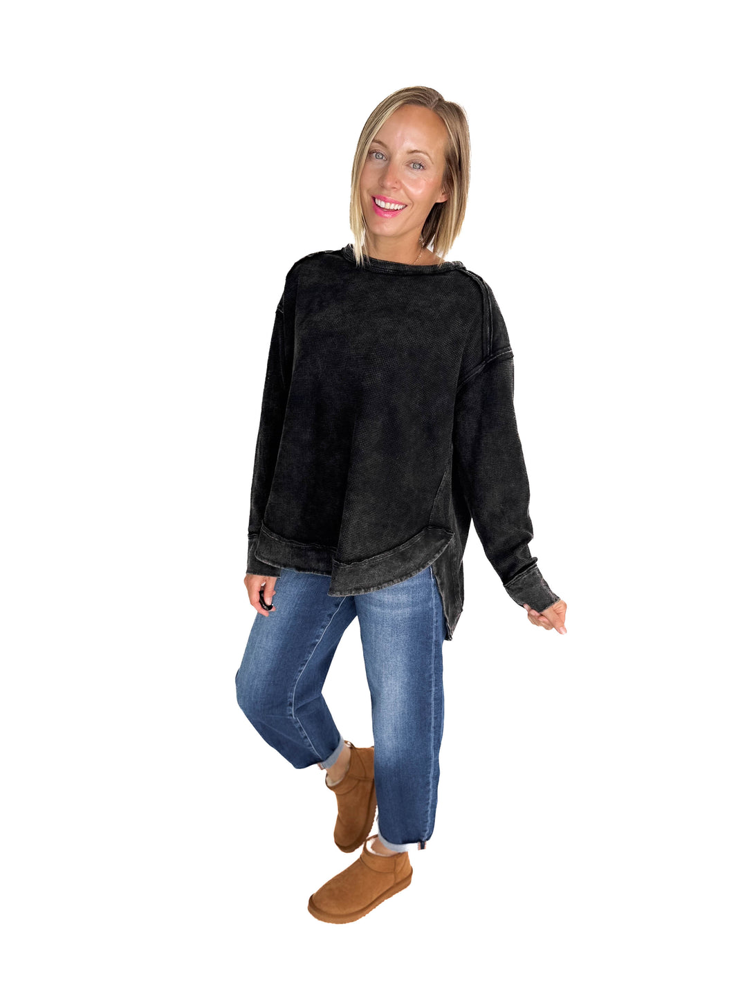Jenna Long Sleeve Waffle Pullover- BLACK