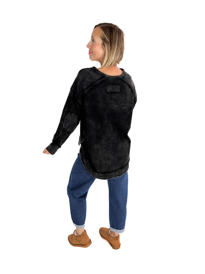 Jenna Long Sleeve Waffle Pullover- BLACK