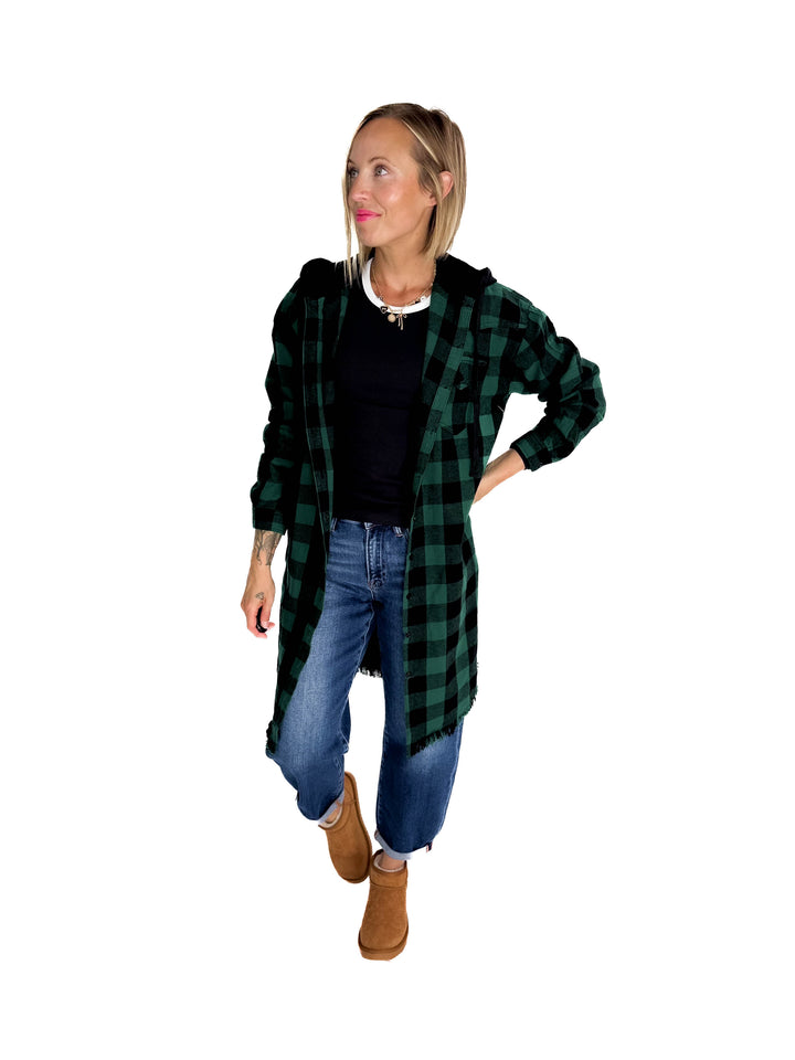 Falling Leaves Plaid Hoodie Jacket- GREEN