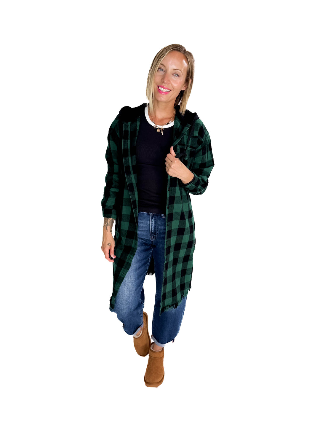 Falling Leaves Plaid Hoodie Jacket- GREEN