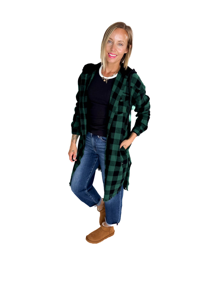 Falling Leaves Plaid Hoodie Jacket- GREEN