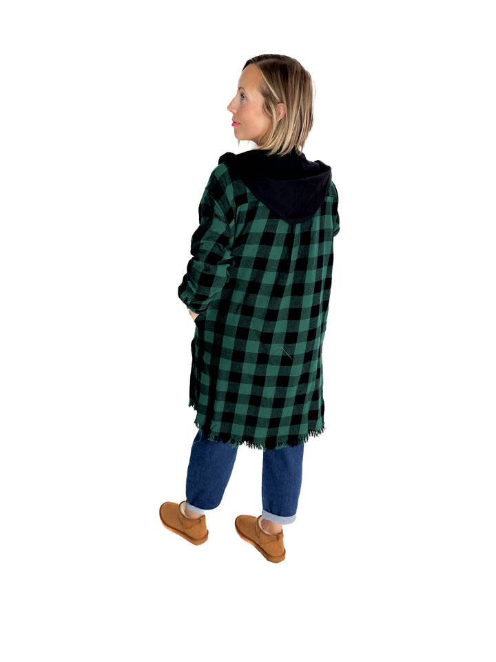 Falling Leaves Plaid Hoodie Jacket- GREEN