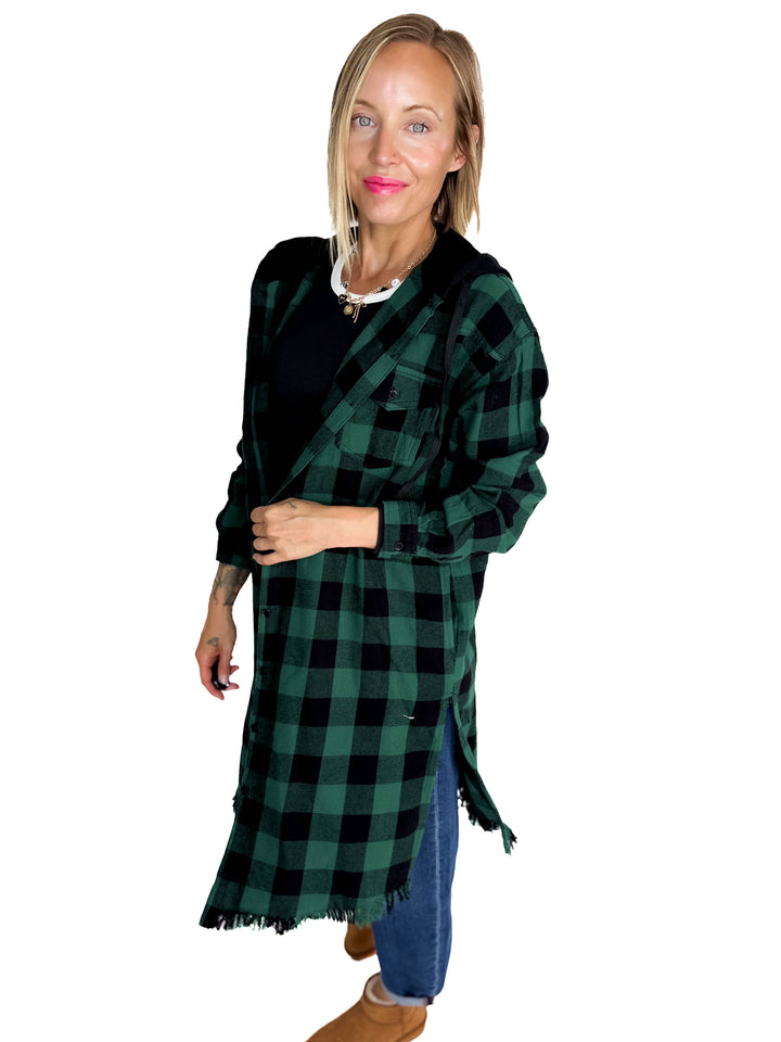 Falling Leaves Plaid Hoodie Jacket- GREEN