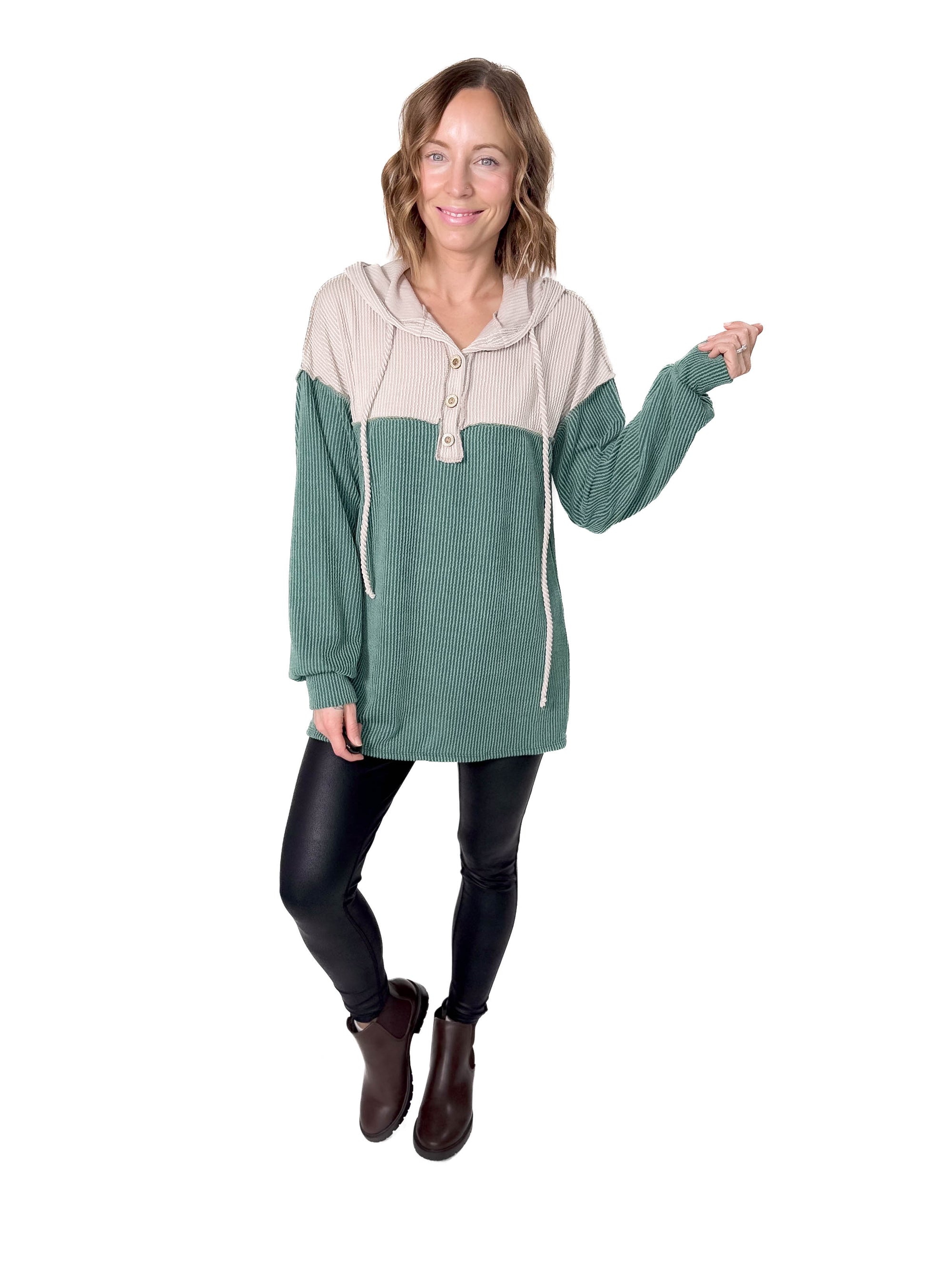 Taylor Contrast Hooded Long Sleeve- HUNTER GREEN