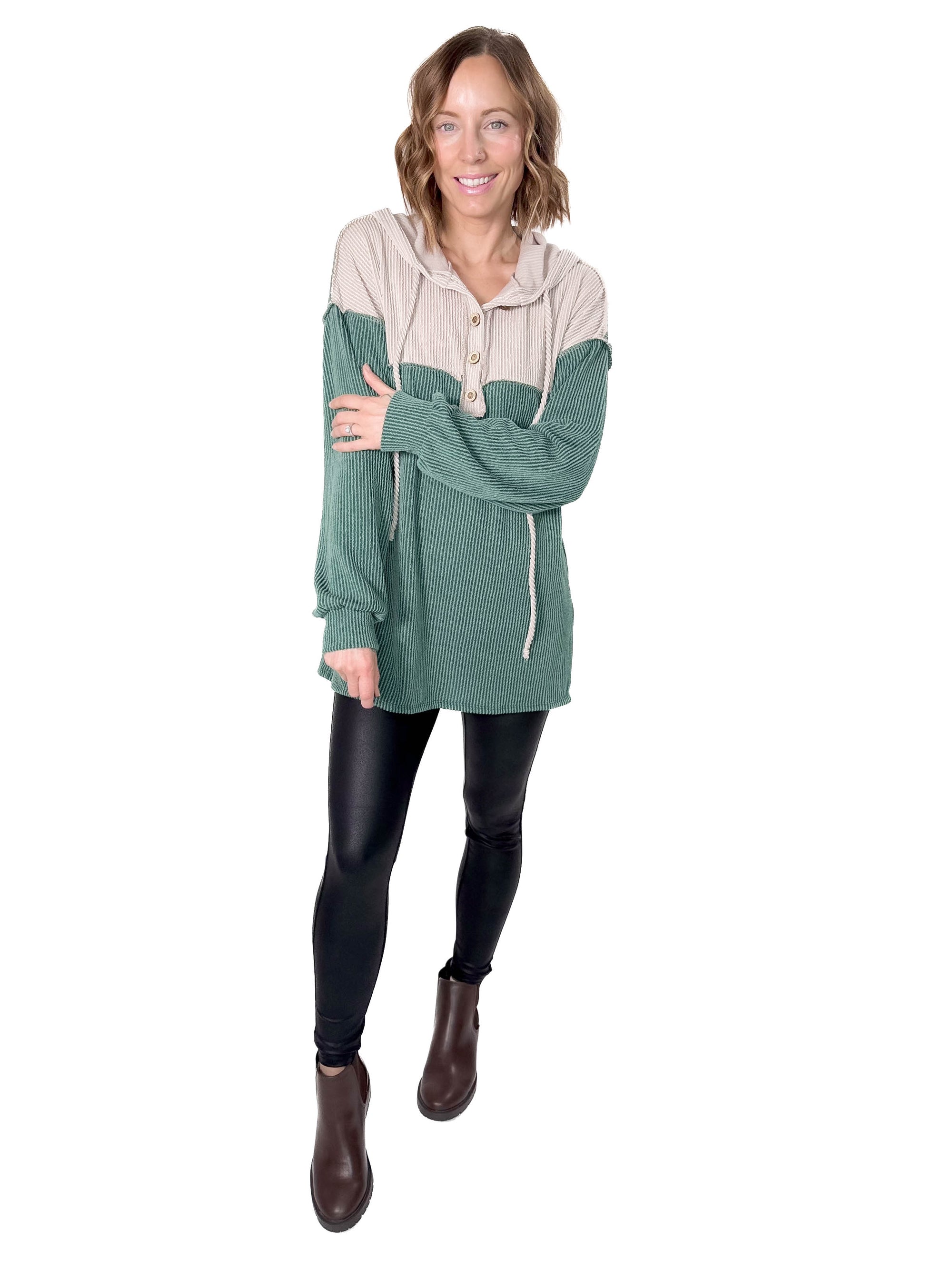 Taylor Contrast Hooded Long Sleeve- HUNTER GREEN