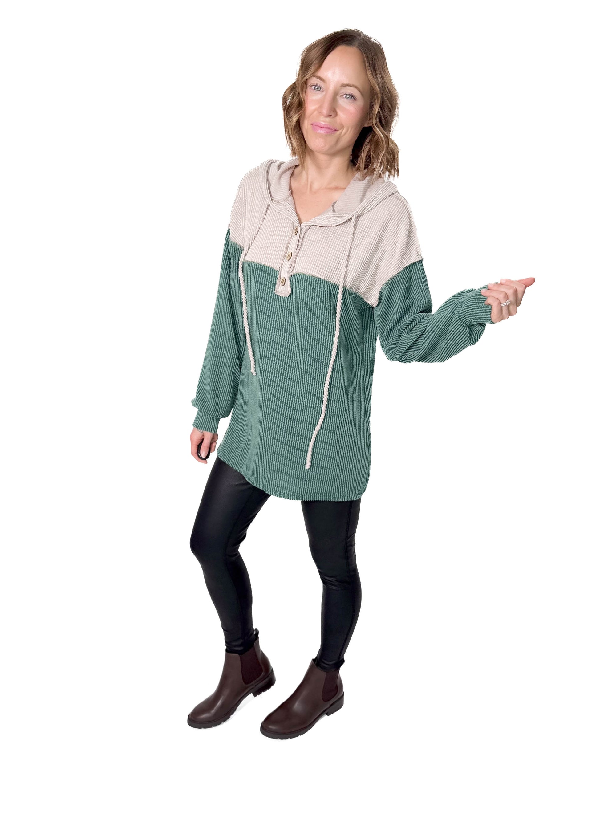 Taylor Contrast Hooded Long Sleeve- HUNTER GREEN