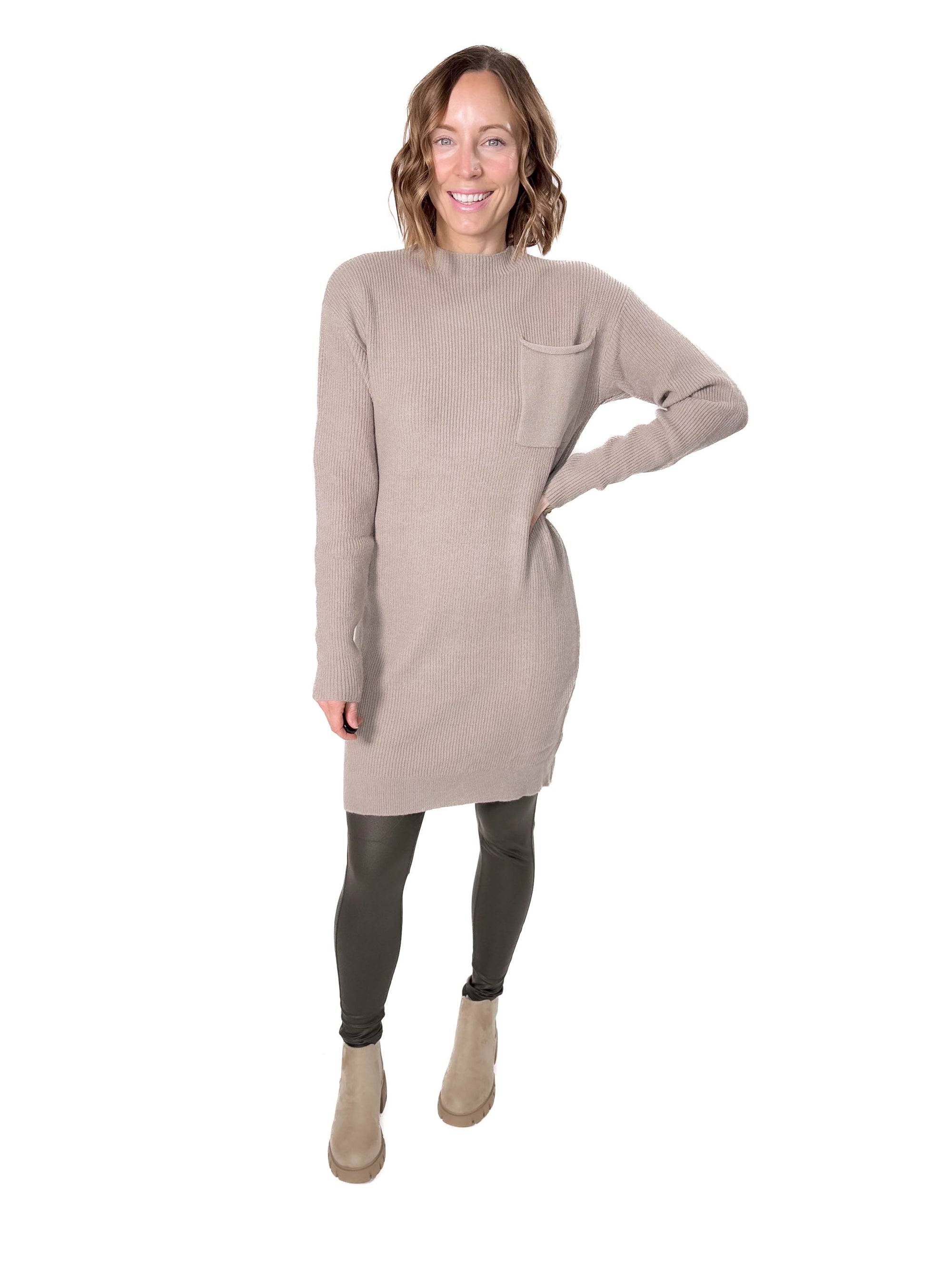 Fiona Pocket Sweater Dress- TAUPE