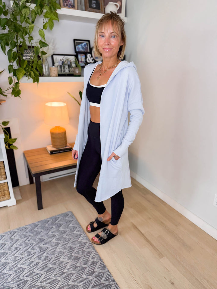 MONO B Whistler Longline Hoodie Cardigan- HALOGEN BLUE