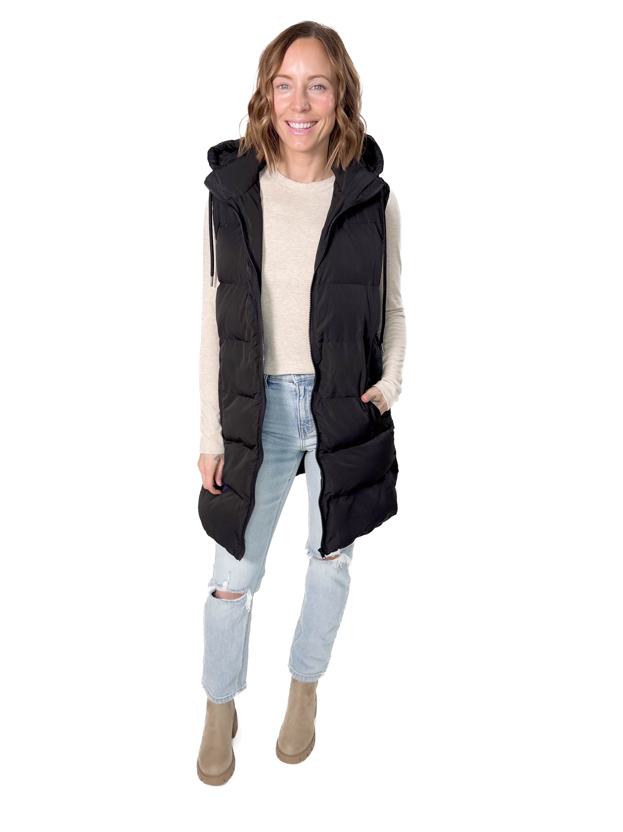 Mountain Peaks Hooded Puffer Vest- BLACK