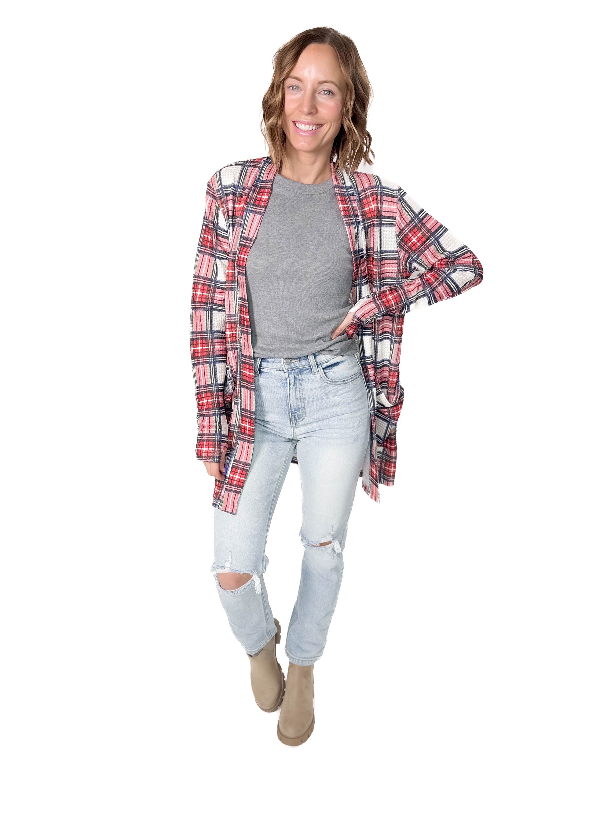 Lola Waffle Cardigan- PLAID