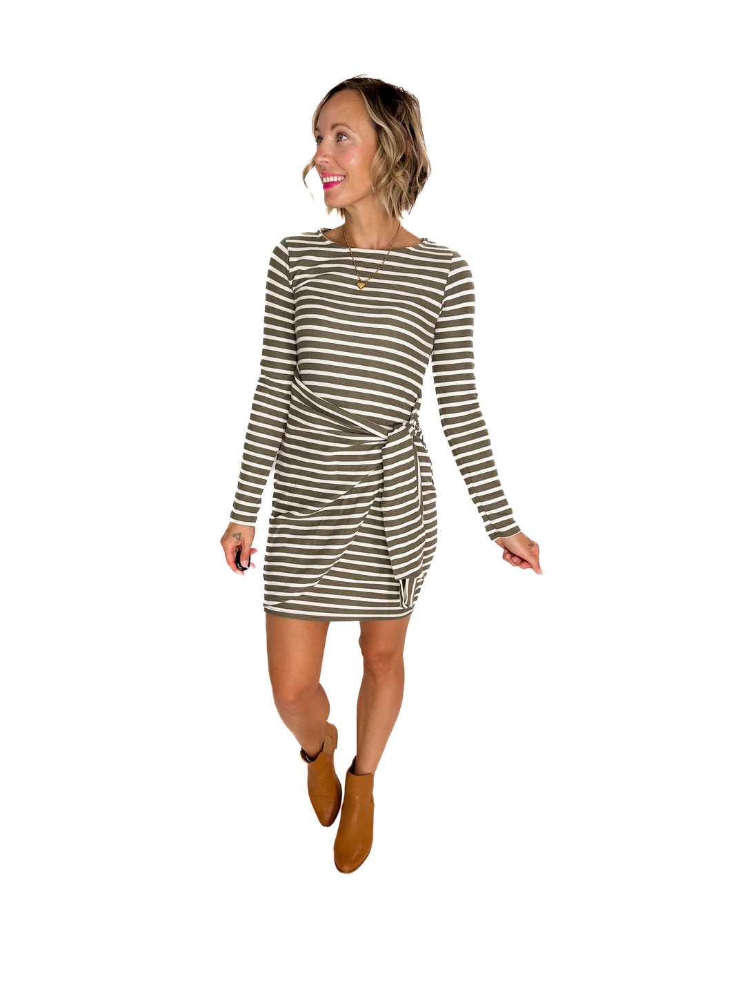 Dawn Tie Waist Dress- OLIVE/IVORY