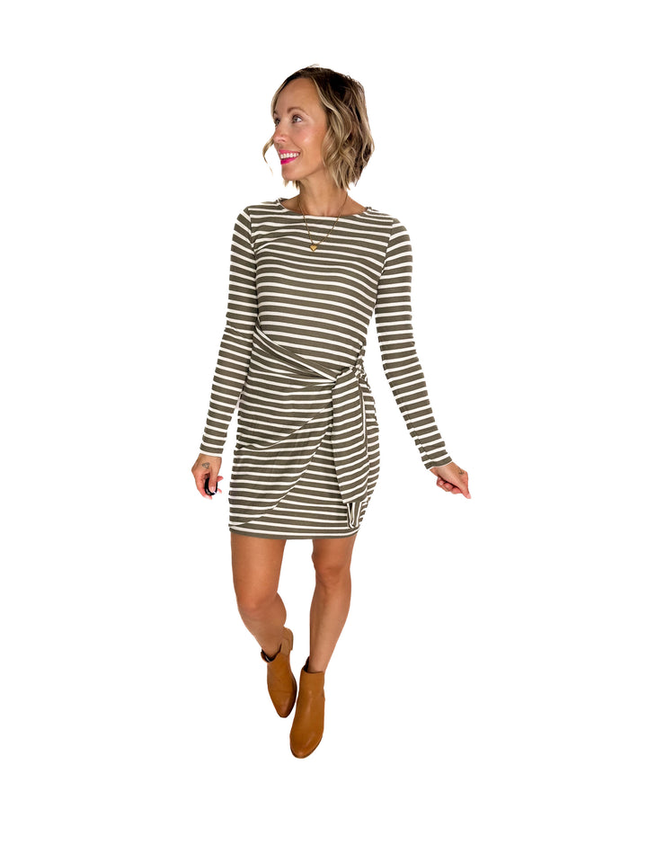 Dawn Tie Waist Dress- OLIVE/IVORY