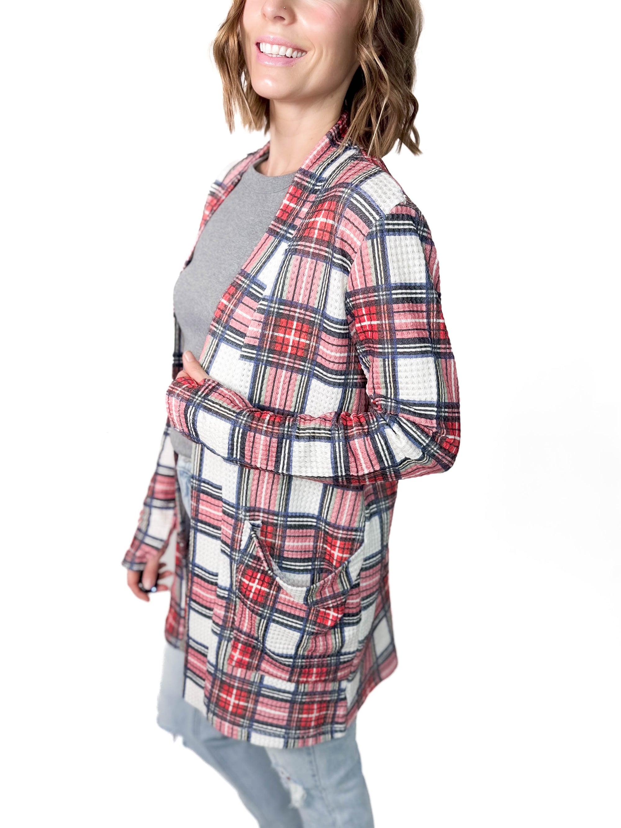 Lola Waffle Cardigan- PLAID