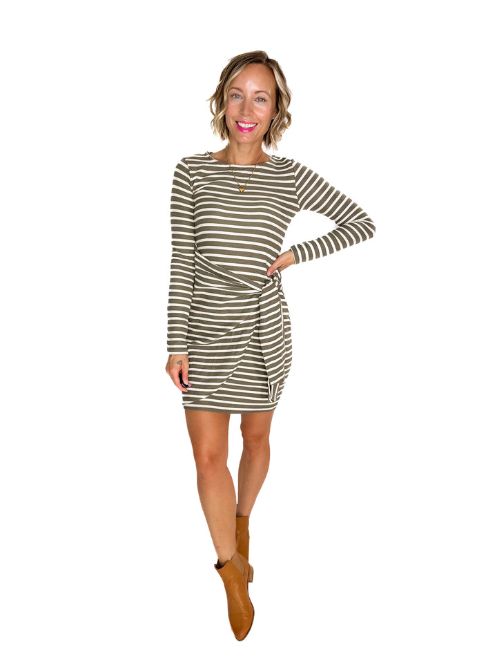 Dawn Tie Waist Dress- OLIVE/IVORY