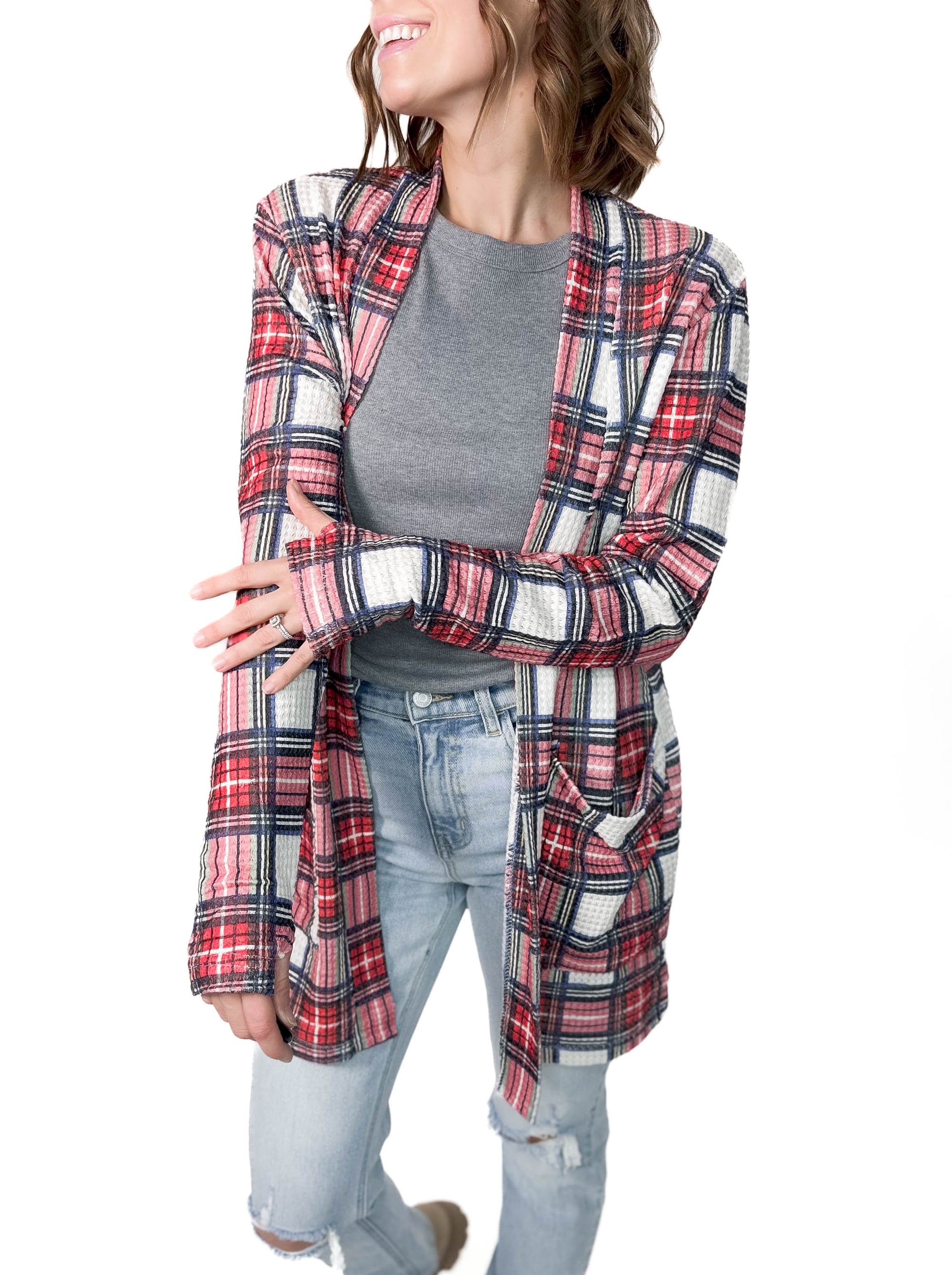 Lola Waffle Cardigan- PLAID