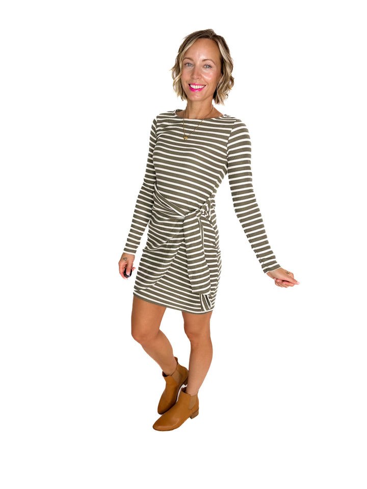 Dawn Tie Waist Dress- OLIVE/IVORY