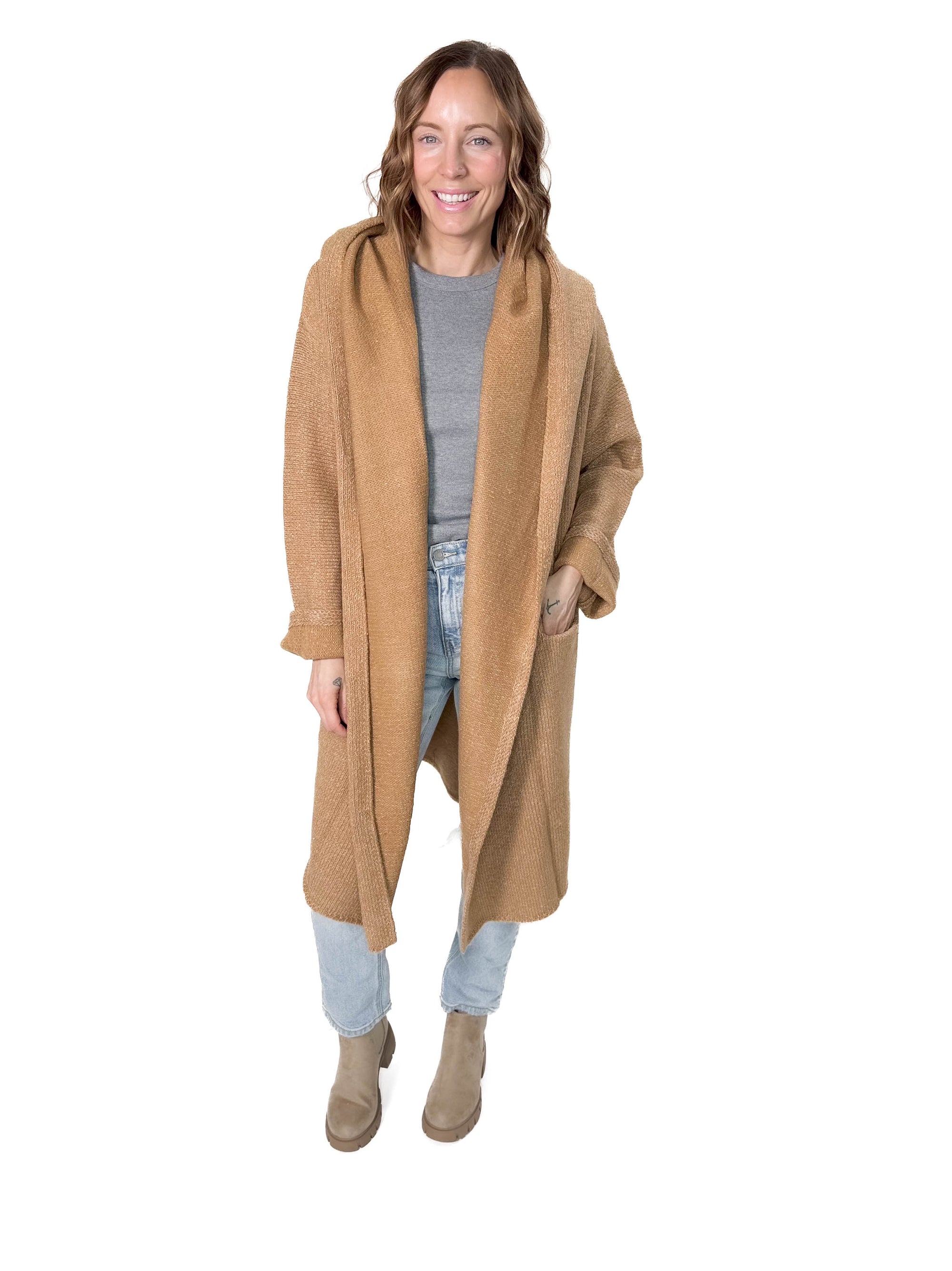 Ellesbeth Oversized Two Pocket Hooded Coatigan- CAMEL