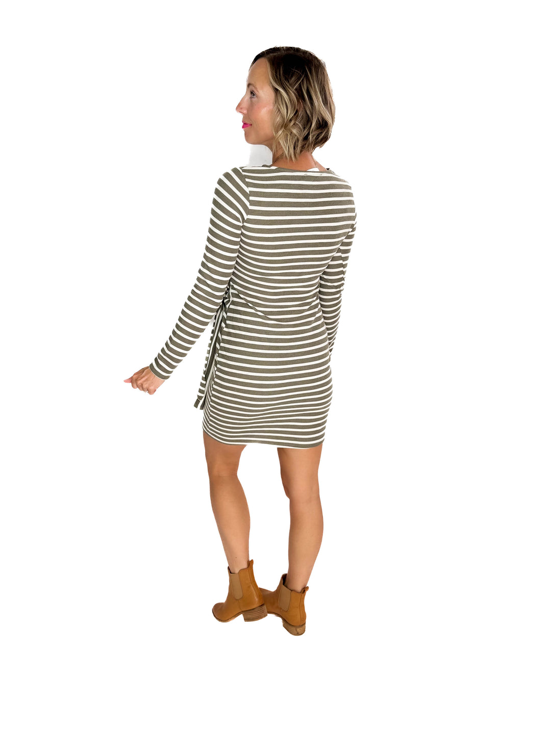 Dawn Tie Waist Dress- OLIVE/IVORY