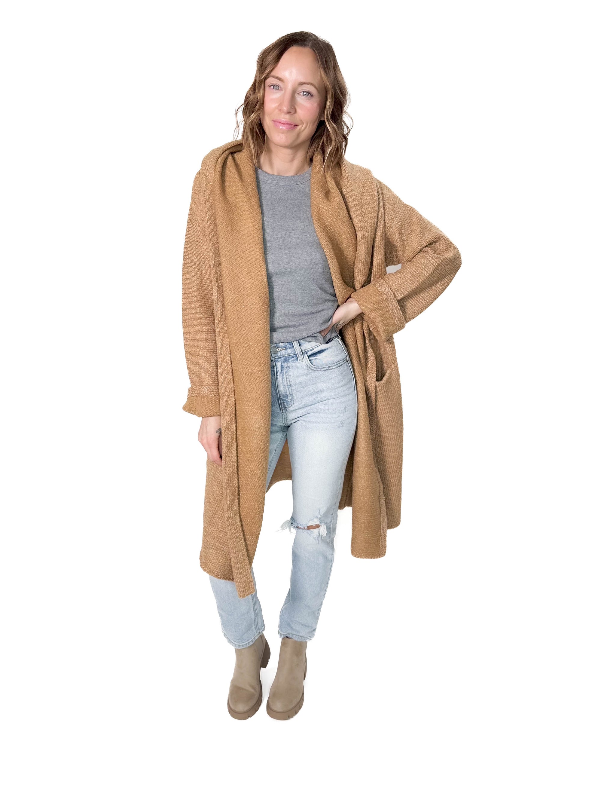 Ellesbeth Oversized Two Pocket Hooded Coatigan- CAMEL