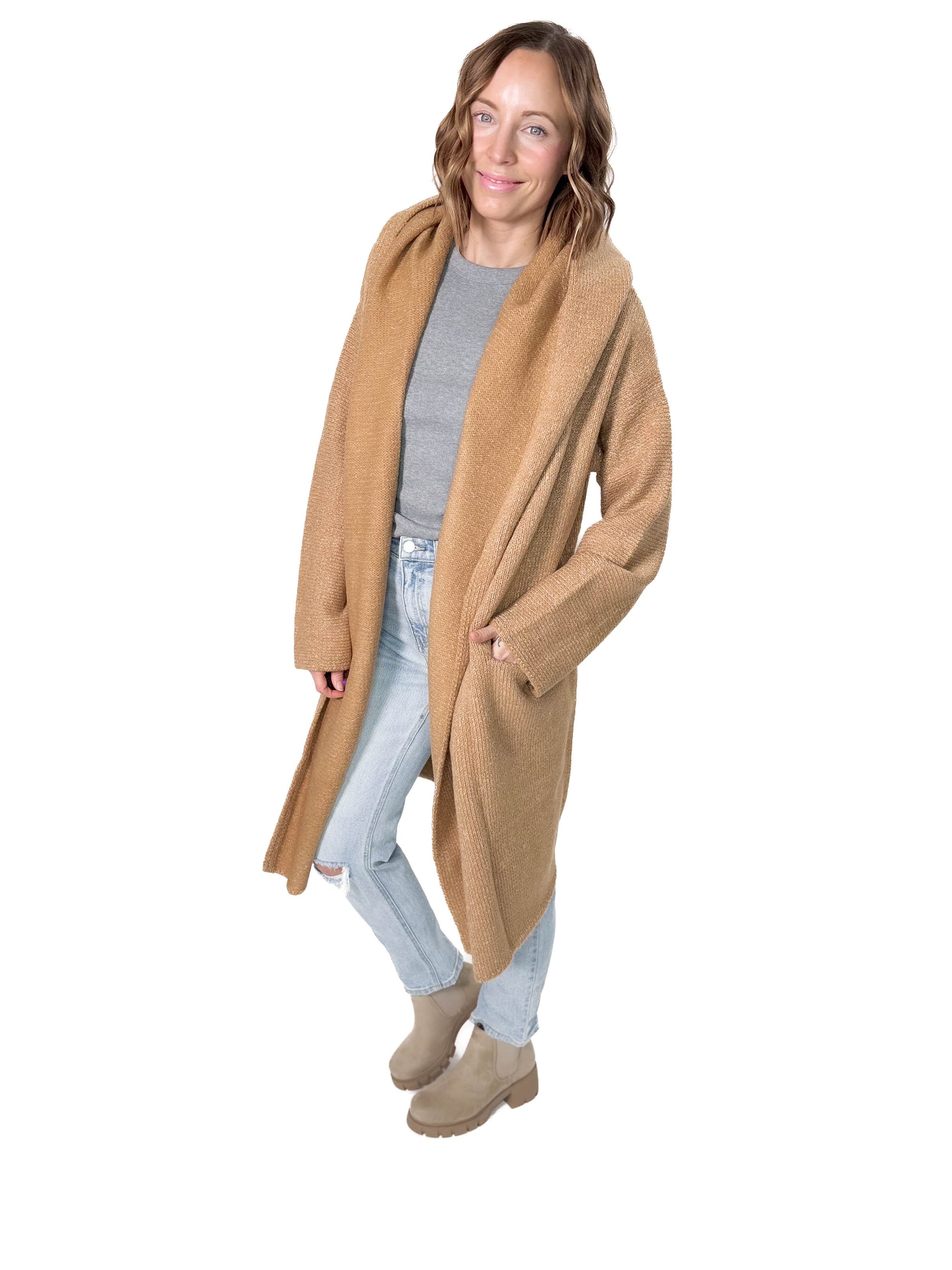 Ellesbeth Oversized Two Pocket Hooded Coatigan- CAMEL