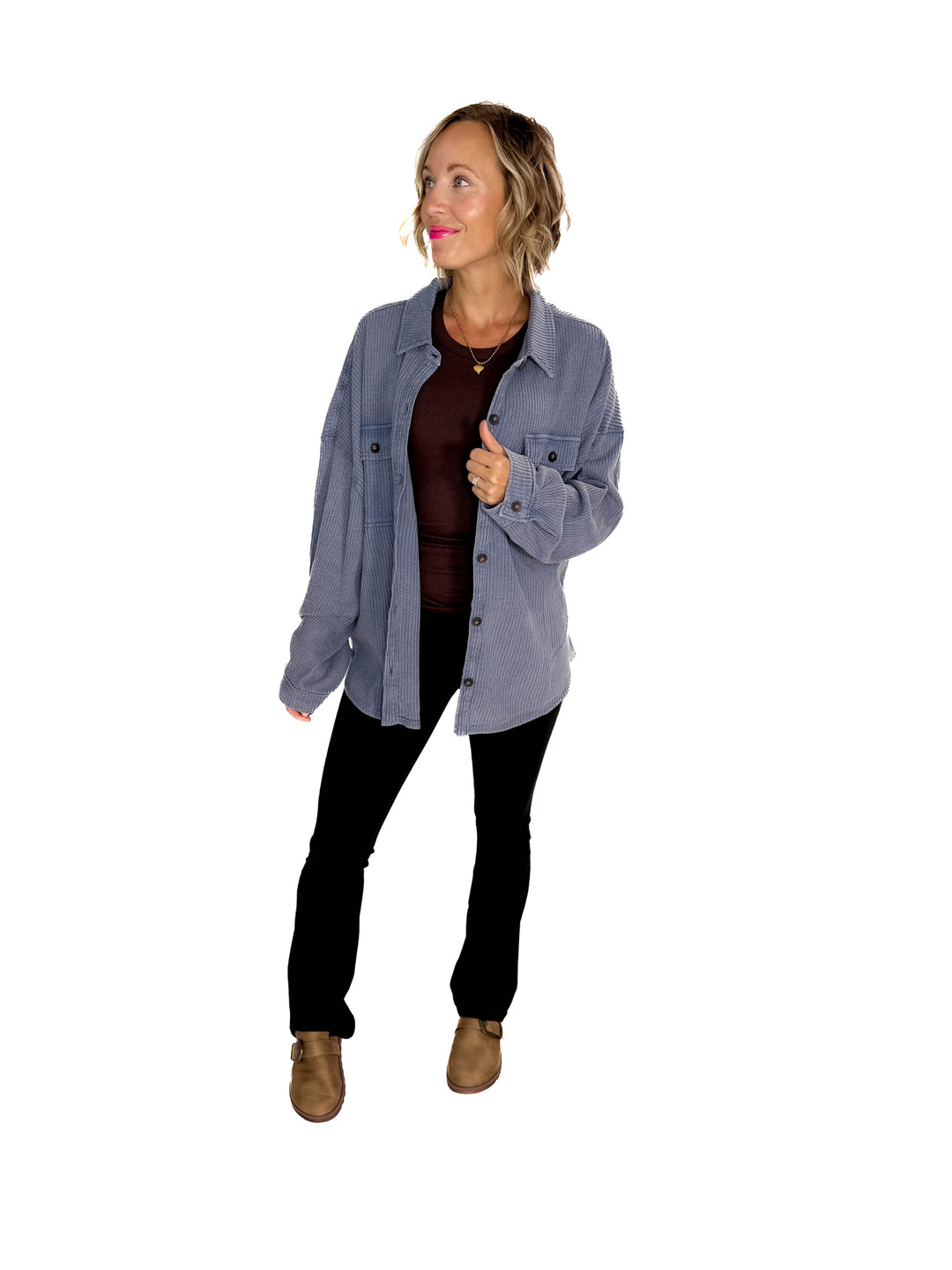 Ivy Waffle Shacket- DUSTY NAVY