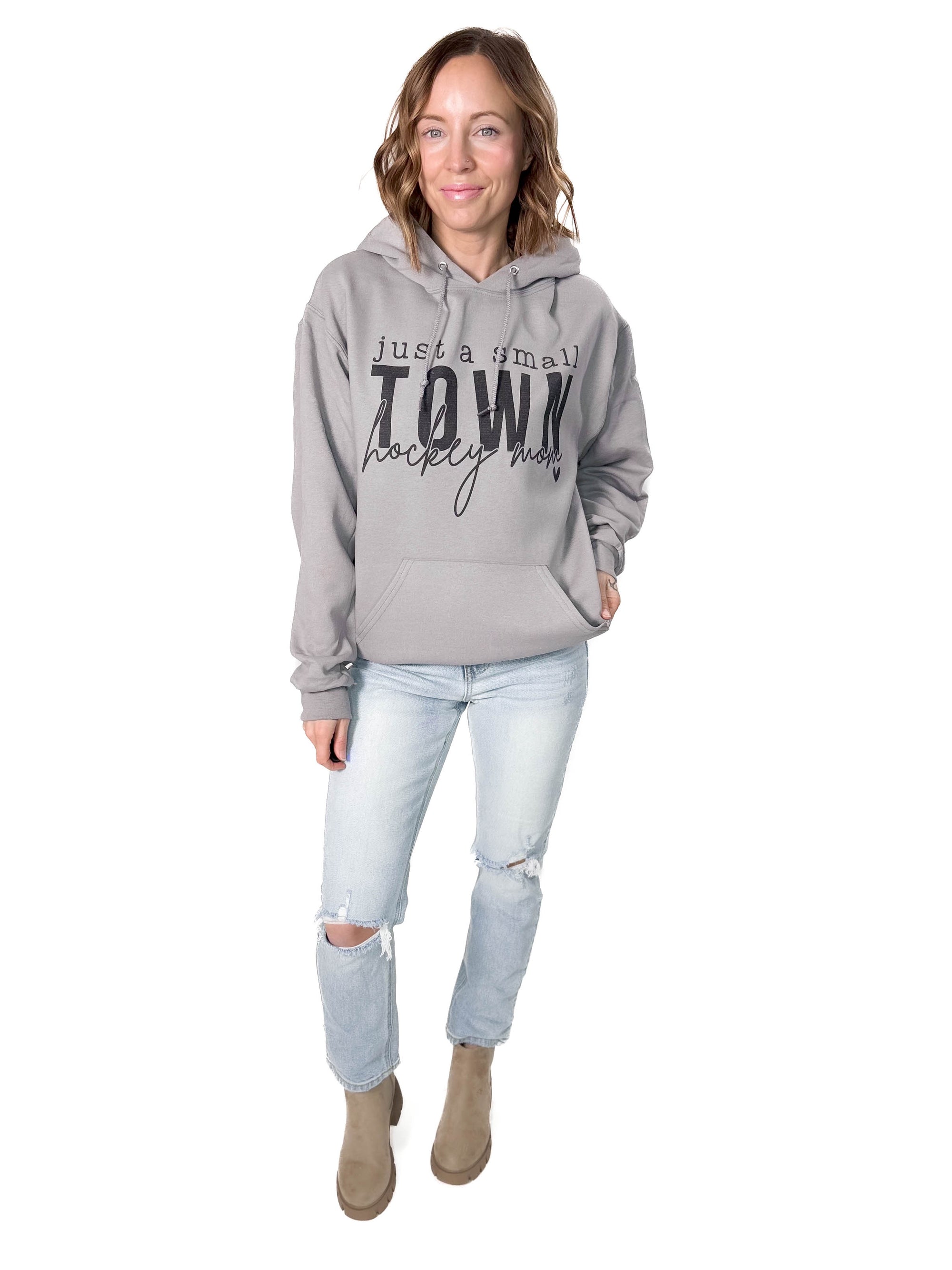 Small Town Hockey Mom Hoodie- STONE GREY