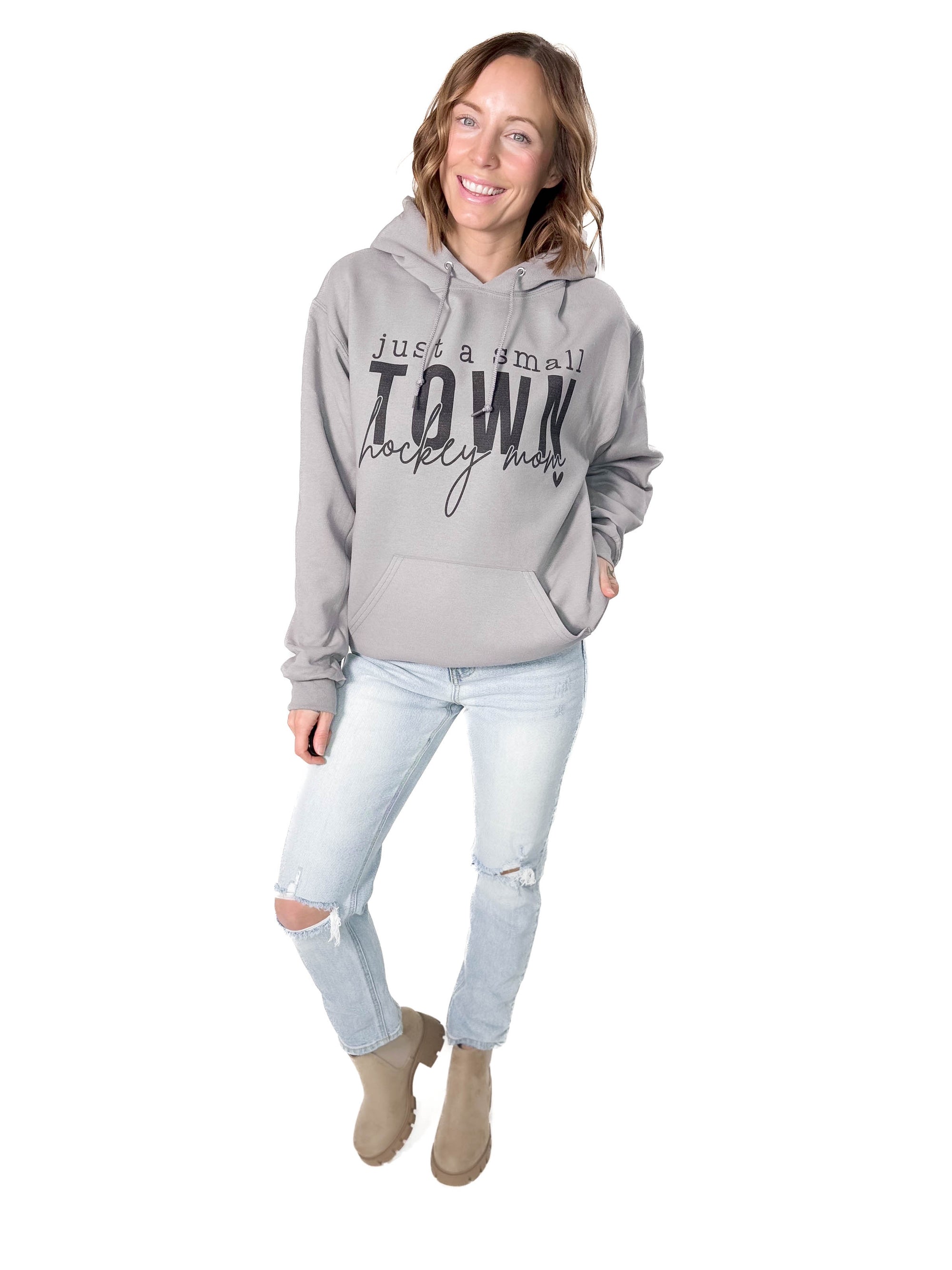 Small Town Hockey Mom Hoodie- STONE GREY