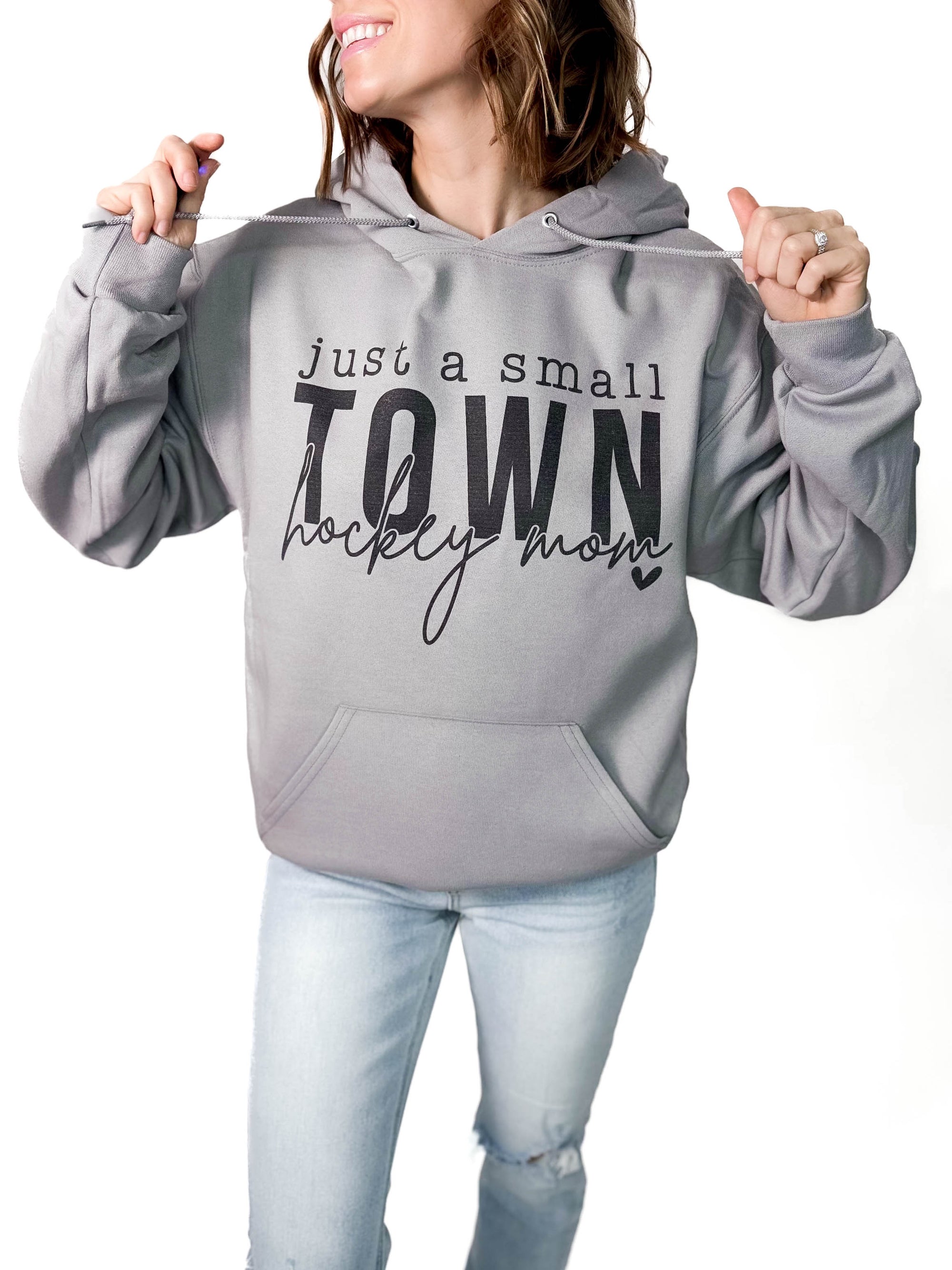 Small Town Hockey Mom Hoodie- STONE GREY