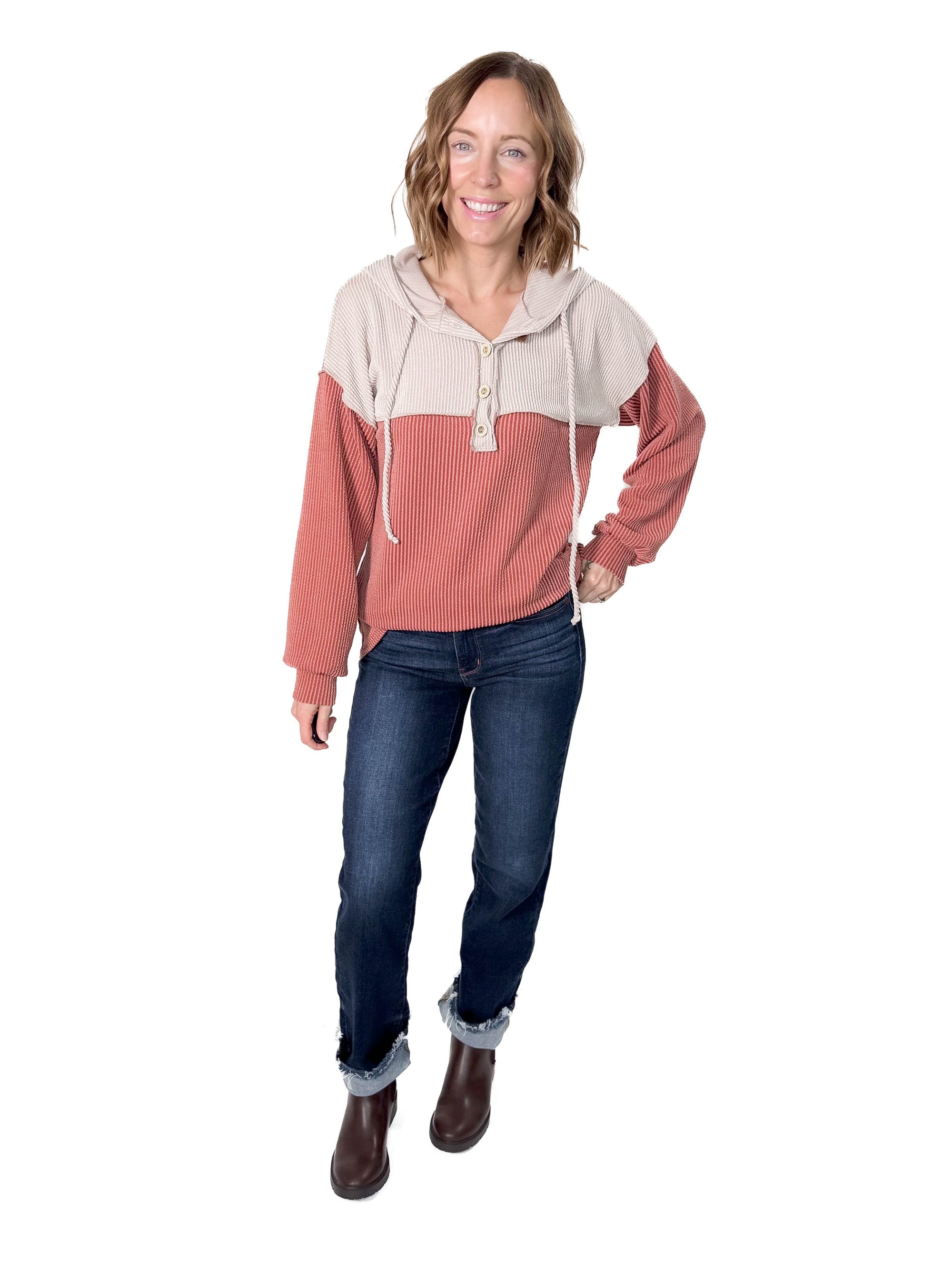 Taylor Contrast Hooded Long Sleeve- RUST