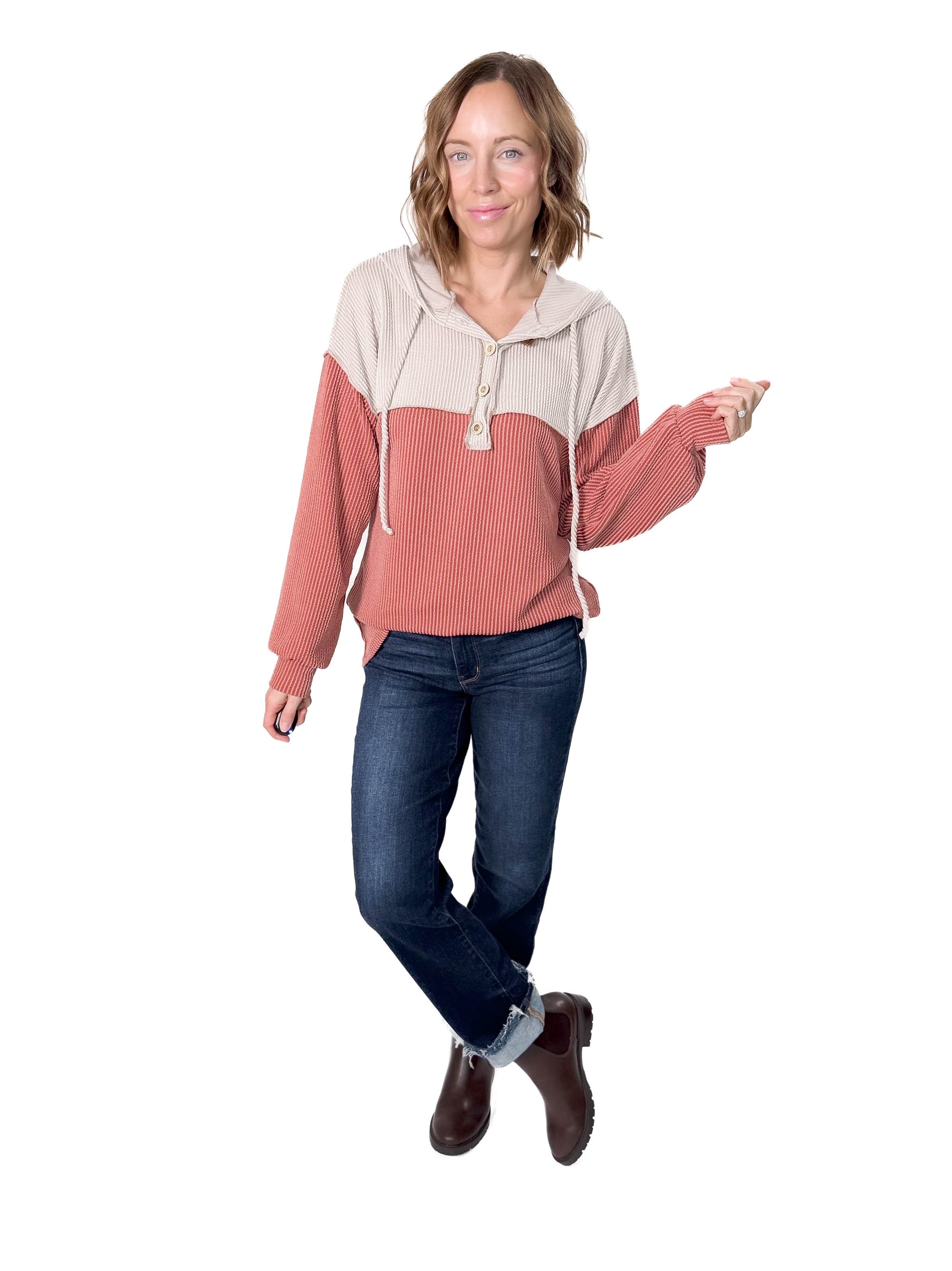 Taylor Contrast Hooded Long Sleeve- RUST