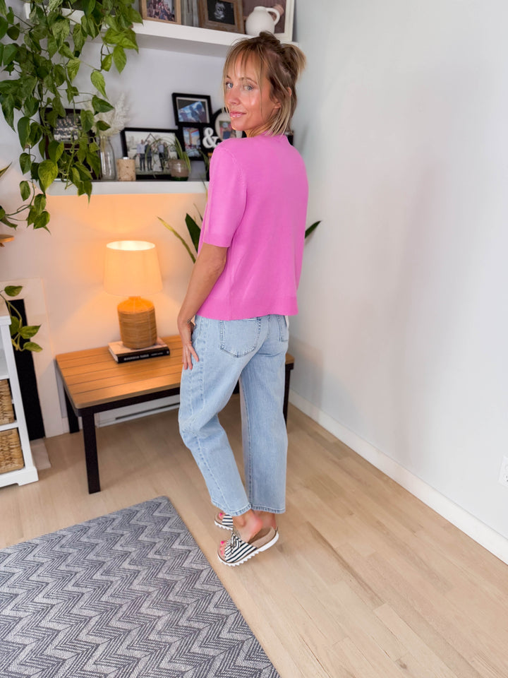 Geri Button Down Knit Top- PINK-FINAL SALE