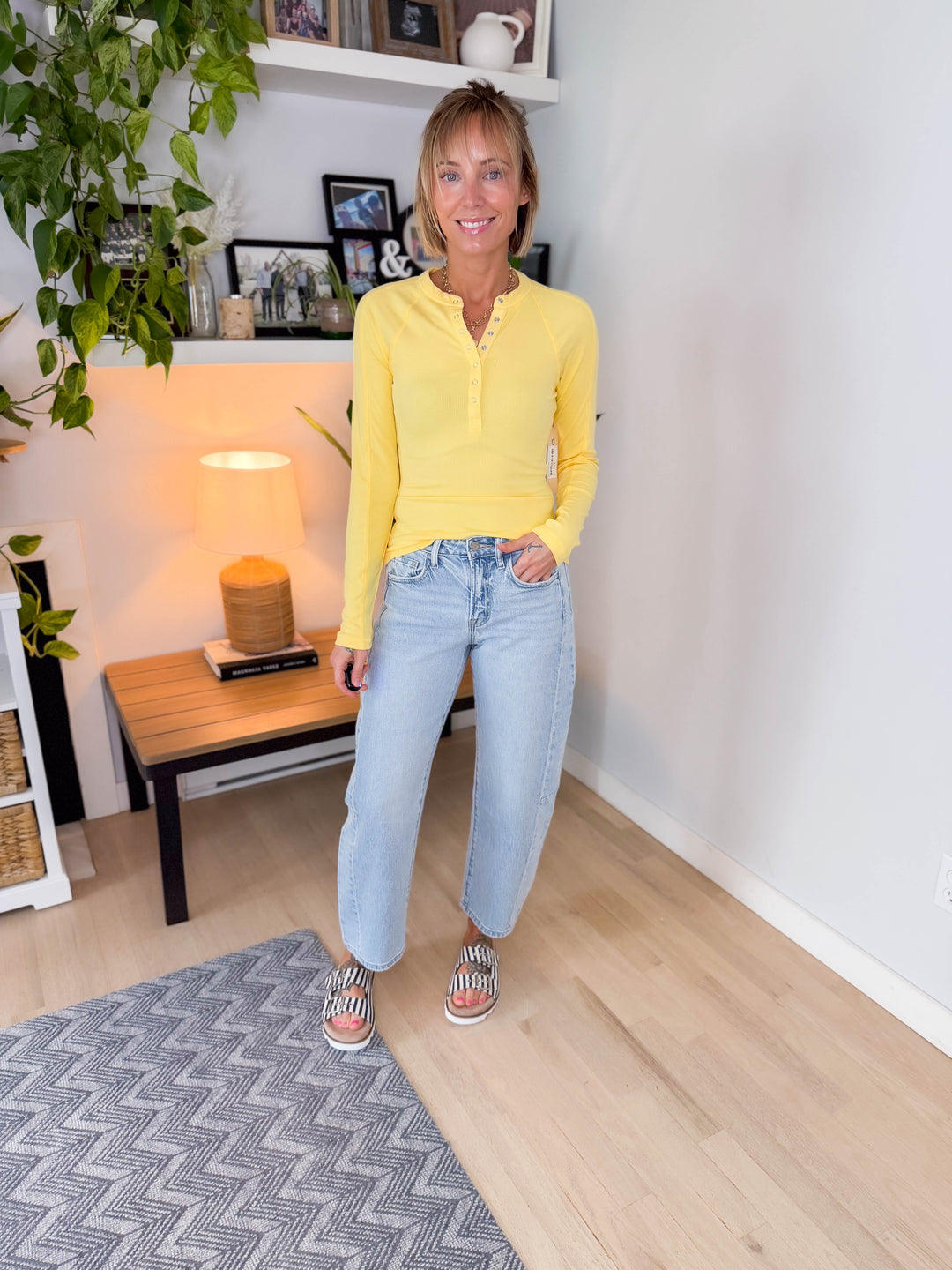 Mono B Breeze Micro Ribbed Henley Top- YELLOW GLOW-FINAL SALE