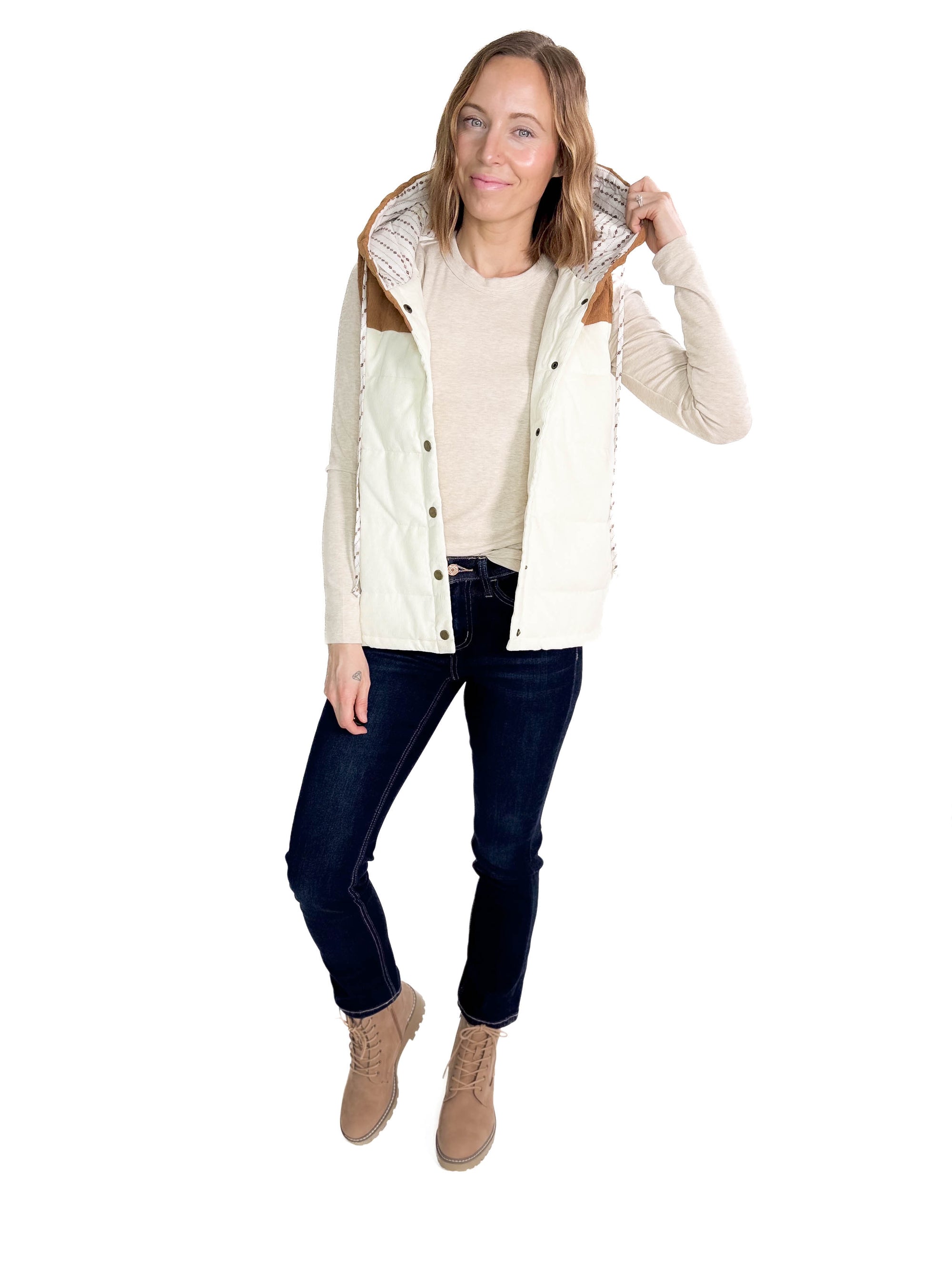 Apex Corded Puffer Vest- OFF WHITE/TAUPE