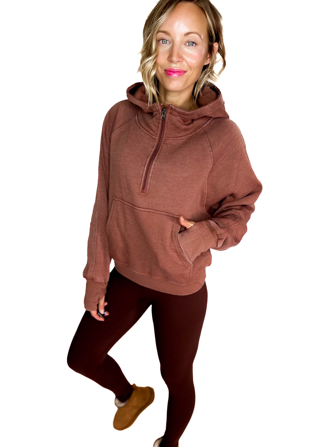 Ashleah 1/4 Zip Pullover Hoodie- CINNAMON