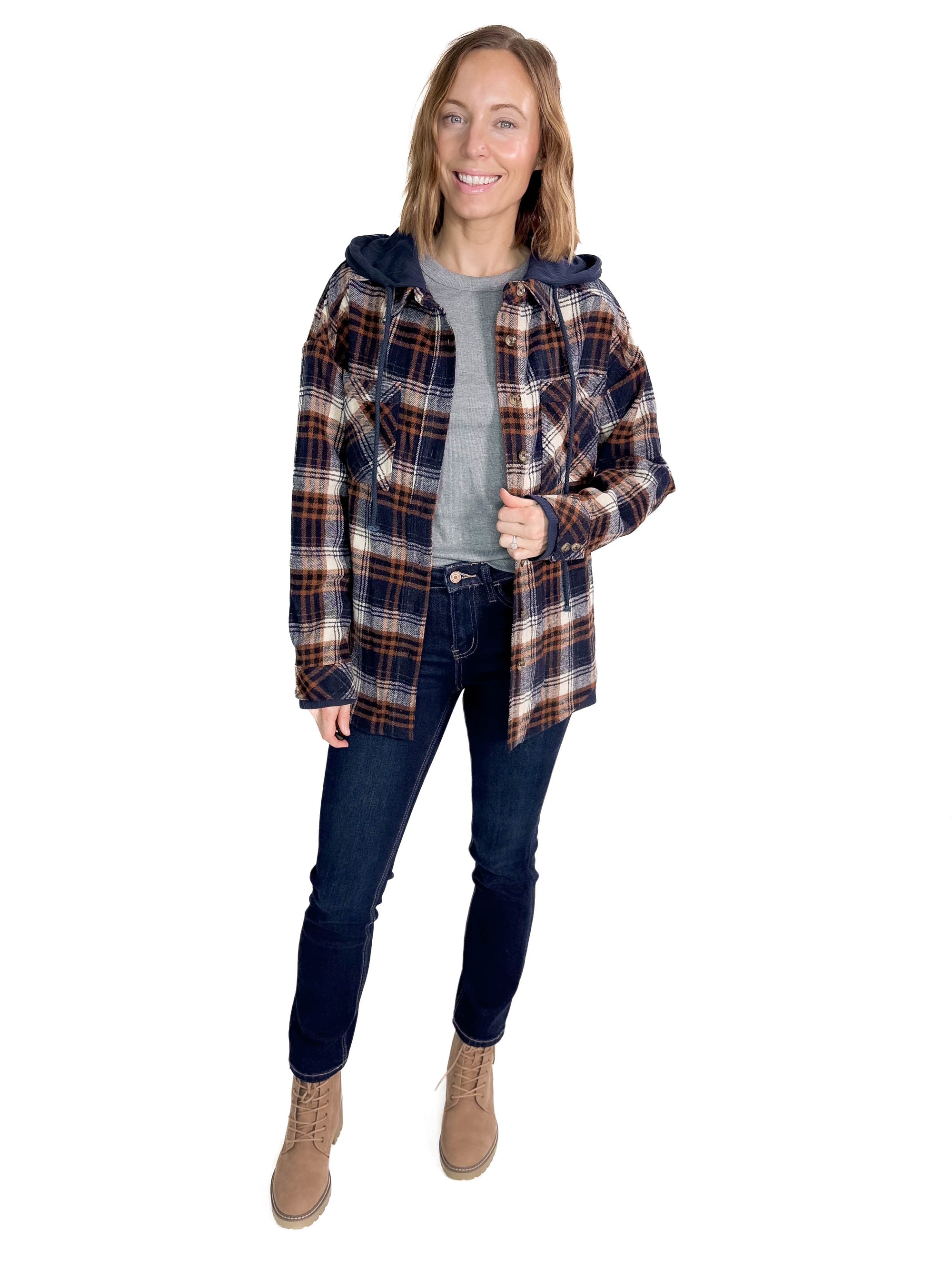 Calvyn Hooded Plaid Jacket- NAVY